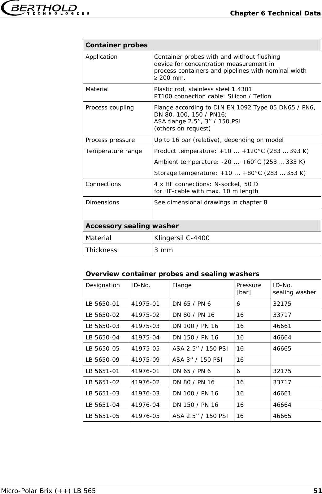   Chapter 6 Technical Data Micro-Polar Brix (++) LB 565  51 Container probes Application  Container probes with and without flushing  device for concentration measurement in  process containers and pipelines with nominal width &ge; 200 mm. Material  Plastic rod, stainless steel 1.4301 PT100 connection cable: Silicon / Teflon Process coupling  Flange according to DIN EN 1092 Type 05 DN65 / PN6, DN 80, 100, 150 / PN16; ASA flange 2.5&rsquo;&rsquo;, 3&rsquo;&rsquo; / 150 PSI (others on request) Process pressure  Up to 16 bar (relative), depending on model Temperature range Product temperature: +10 ... +120&deg;C (283 &hellip; 393 K) Ambient temperature: -20 ... +60&deg;C (253 &hellip; 333 K) Storage temperature: +10 ... +80&deg;C (283 &hellip; 353 K) Connections  4 x HF connections: N-socket, 50 &Omega;  for HF-cable with max. 10 m length Dimensions  See dimensional drawings in chapter 8   Accessory sealing washer Material Klingersil C-4400 Thickness 3 mm  Overview container probes and sealing washers Designation ID-No.  Flange  Pressure [bar]  ID-No.  sealing washer LB 5650-01  41975-01  DN 65 / PN 6  6  32175 LB 5650-02  41975-02  DN 80 / PN 16  16  33717 LB 5650-03  41975-03  DN 100 / PN 16  16  46661 LB 5650-04  41975-04  DN 150 / PN 16  16  46664 LB 5650-05  41975-05  ASA 2.5&rsquo;&rsquo; / 150 PSI  16  46665 LB 5650-09  41975-09  ASA 3&rsquo;&rsquo; / 150 PSI  16   LB 5651-01  41976-01  DN 65 / PN 6  6  32175 LB 5651-02  41976-02  DN 80 / PN 16  16  33717 LB 5651-03  41976-03  DN 100 / PN 16  16  46661 LB 5651-04  41976-04  DN 150 / PN 16  16  46664 LB 5651-05  41976-05  ASA 2.5&rsquo;&rsquo; / 150 PSI  16  46665 