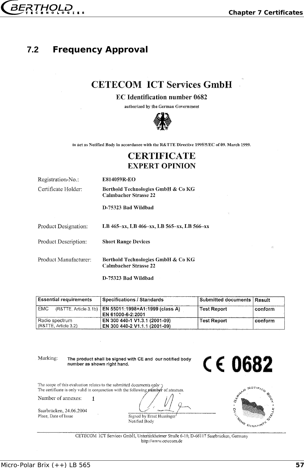   Chapter 7 Certificates Micro-Polar Brix (++) LB 565  577.2  Frequency Approval                          