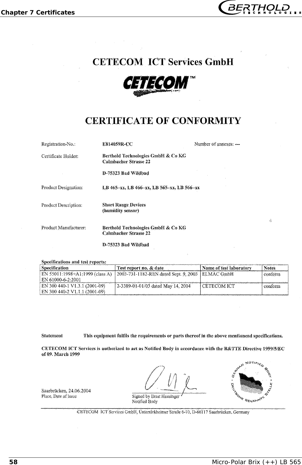 Chapter 7 Certificates   Micro-Polar Brix (++) LB 565 58         