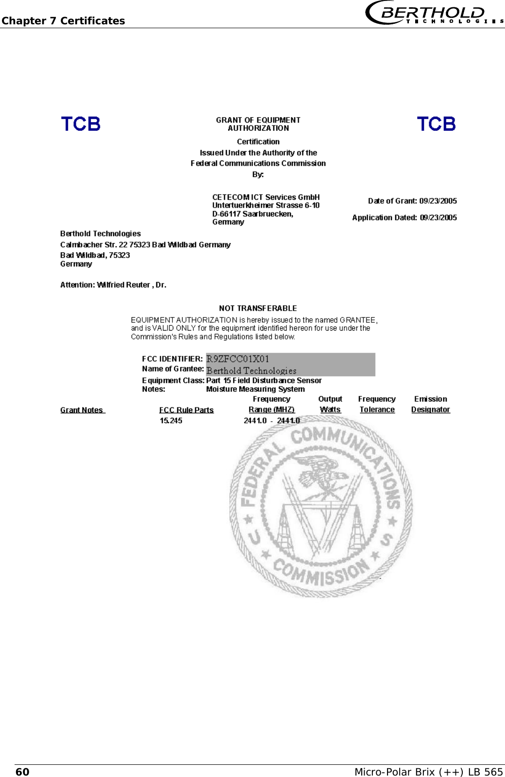 Chapter 7 Certificates   Micro-Polar Brix (++) LB 565 60      