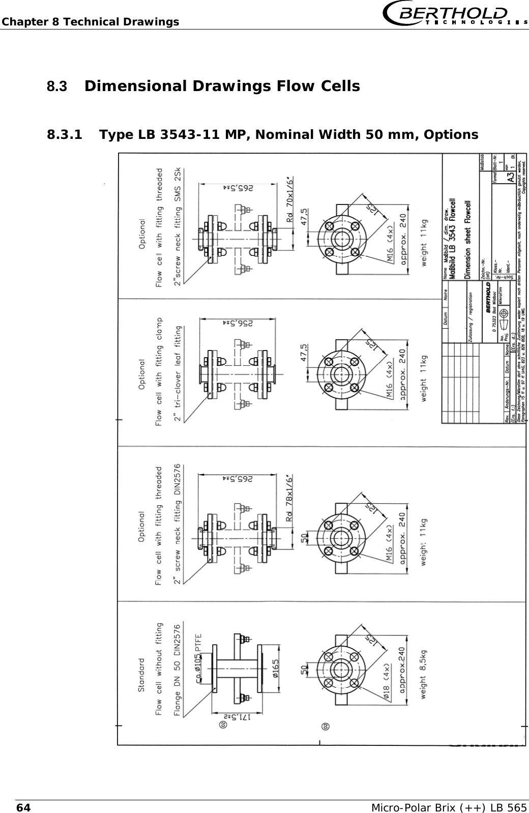 Chapter 8 Technical Drawings   Micro-Polar Brix (++) LB 565 648.3  Dimensional Drawings Flow Cells 8.3.1 Type LB 3543-11 MP, Nominal Width 50 mm, Options                 