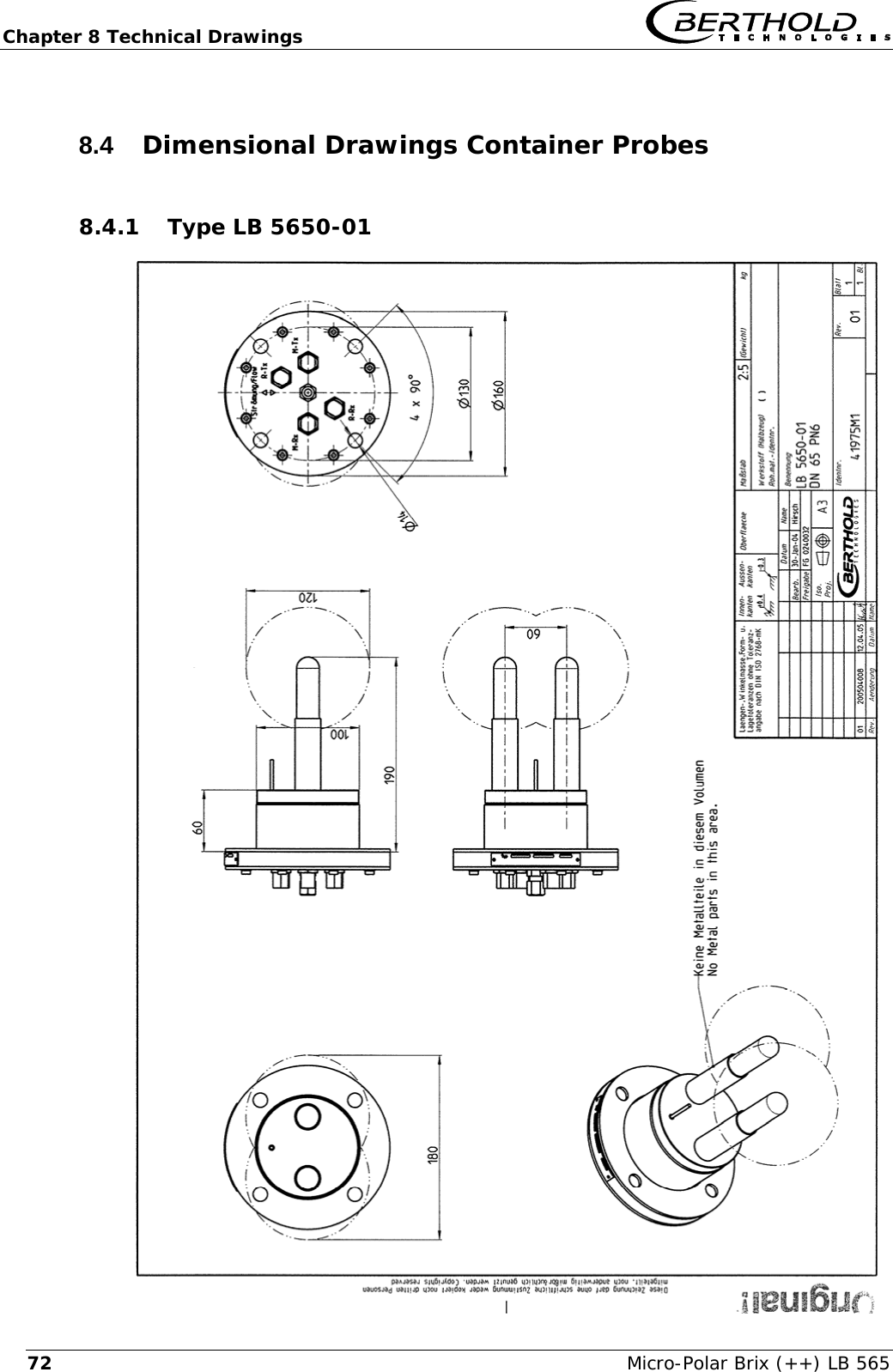 Chapter 8 Technical Drawings   Micro-Polar Brix (++) LB 565 728.4  Dimensional Drawings Container Probes 8.4.1 Type LB 5650-01   
