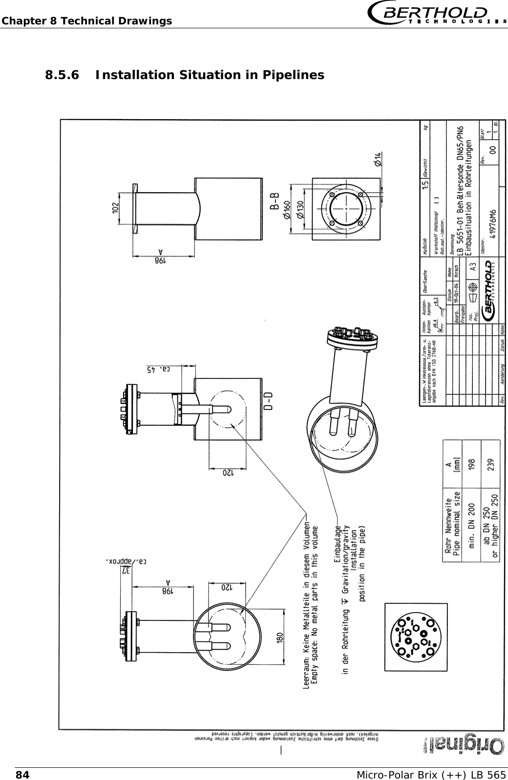 Chapter 8 Technical Drawings   Micro-Polar Brix (++) LB 565 848.5.6 Installation Situation in Pipelines     