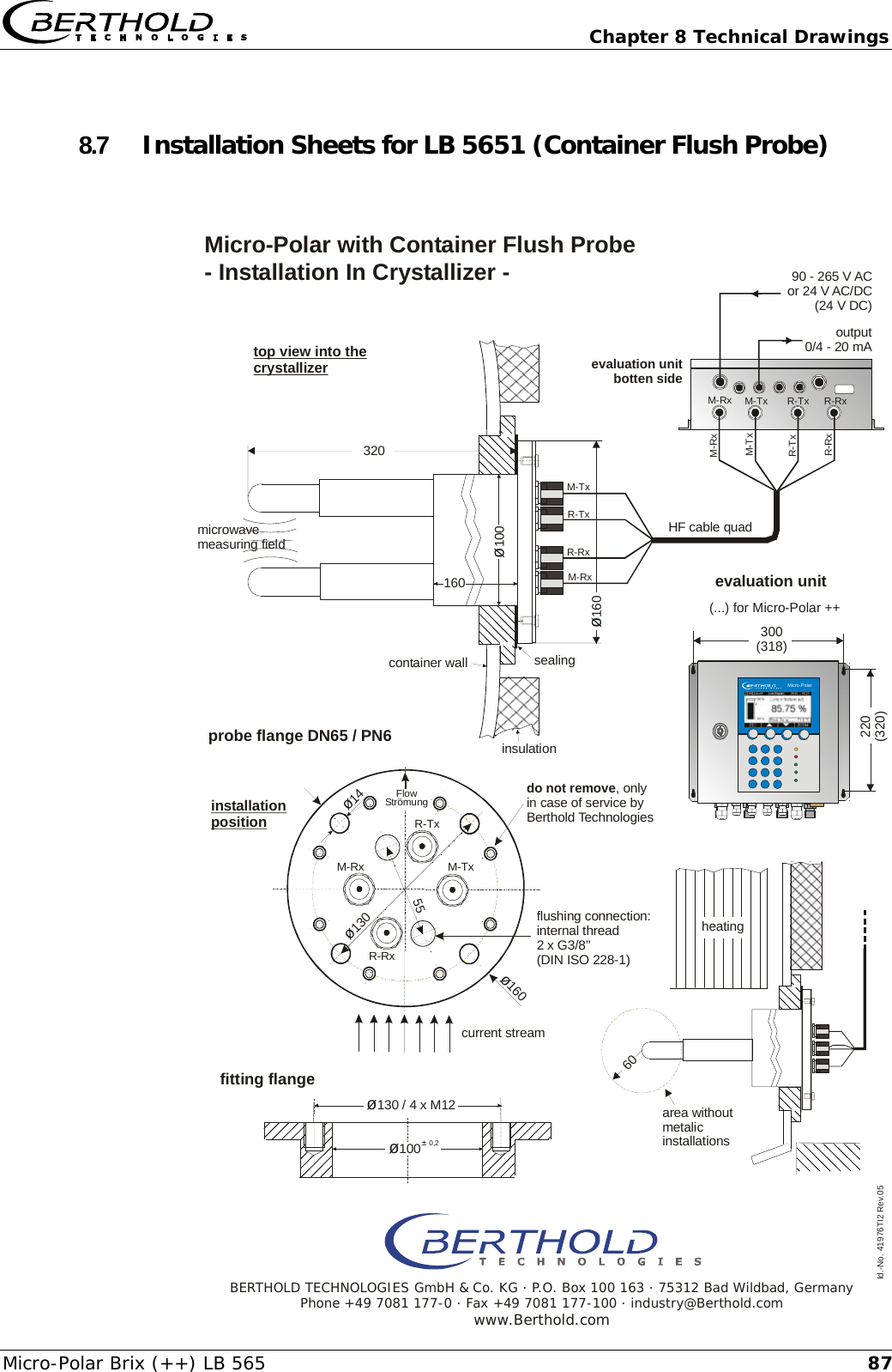   Chapter 8 Technical Drawings Micro-Polar Brix (++) LB 565  878.7  Installation Sheets for LB 5651 (Container Flush Probe)                      &oslash;14M-RxR-Txoutput0/4 - 20 mAinstallationpositionR-RxM-Tx&oslash;160&oslash;160160&oslash;130 / 4 x M12&oslash;&plusmn; 1000,2320&oslash;10060Id.-No. 41976TI2 Rev.05M-TxM-TxM-TxM-RxM-RxR-TxR-TxR-RxR-RxM-RxR-TxR-Rx&oslash;13055Micro-Polar with Container Flush Probe - Installation In Crystallizer - BERTHOLD TECHNOLOGIES GmbH &amp; Co. KG . P.O. Box 100 163 . 75312 Bad Wildbad, GermanyPhone +49 7081 177-0 . Fax +49 7081 177-100 . industry@Berthold.comwww.Berthold.commicrowavemeasuring fieldtop view into the crystallizerevaluation unitbotten sideHF cable quadevaluation unitsealinginsulationdo not remove, onlyin case of service byBerthold Technologiesheatingarea withoutmetalicinstallationscurrent streamfitting flangeprobe flange DN65 / PN6flushing connection:internal thread2 x G3/8&rsquo;&rsquo;(DIN ISO 228-1)container wallFlowStr&ouml;mung220(320)300(318)(...) for Micro-Polar ++Micro-Polar90 - 265 V ACor 24 V AC/DC(24 V DC)