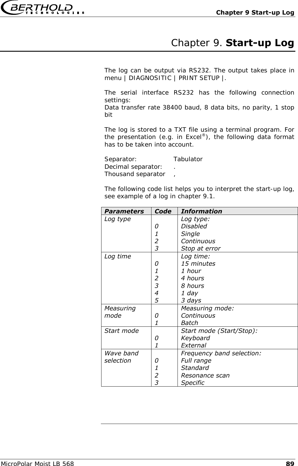   Chapter 9 Start-up Log MicroPolar Moist LB 568 89 Chapter 9. Start-up Log   The log can be output via RS232. The output takes place in menu | DIAGNOSITIC | PRINT SETUP |.  The  serial  interface  RS232  has  the  following  connection settings: Data transfer rate 38400 baud, 8 data bits, no parity, 1 stop bit  The log is stored to a TXT file using a terminal program. For the presentation (e.g. in Excel&reg;), the following data format has to be taken into account.  Separator:    Tabulator Decimal separator:  . Thousand separator  ,  The following code list helps you to interpret the start-up log, see example of a log in chapter 9.1.  Parameters Code Information Log type  0 1 2 3 Log type: Disabled Single Continuous Stop at error Log time  0 1 2 3 4 5 Log time: 15 minutes 1 hour 4 hours 8 hours 1 day 3 days Measuring mode  0 1 Measuring mode: Continuous Batch Start mode  0 1 Start mode (Start/Stop): Keyboard External Wave band selection  0 1 2 3 Frequency band selection: Full range Standard Resonance scan Specific            