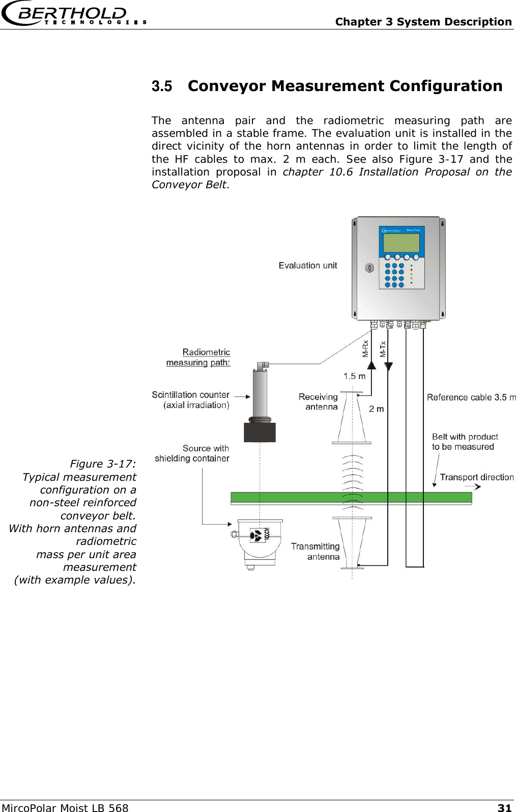   Chapter 3 System Description MircoPolar Moist LB 568 31 3.5  Conveyor Measurement Configuration  The  antenna  pair  and  the  radiometric  measuring  path  are assembled in a stable frame. The evaluation unit is installed in the direct vicinity of the horn antennas in order to limit the length of the HF  cables to max. 2 m  each.  See also Figure 3-17 and the installation proposal  in  chapter  10.6  Installation  Proposal  on  the Conveyor Belt.  Figure 3-17: Typical measurement configuration on a  non-steel reinforced conveyor belt. With horn antennas and radiometric mass per unit area measurement (with example values).   