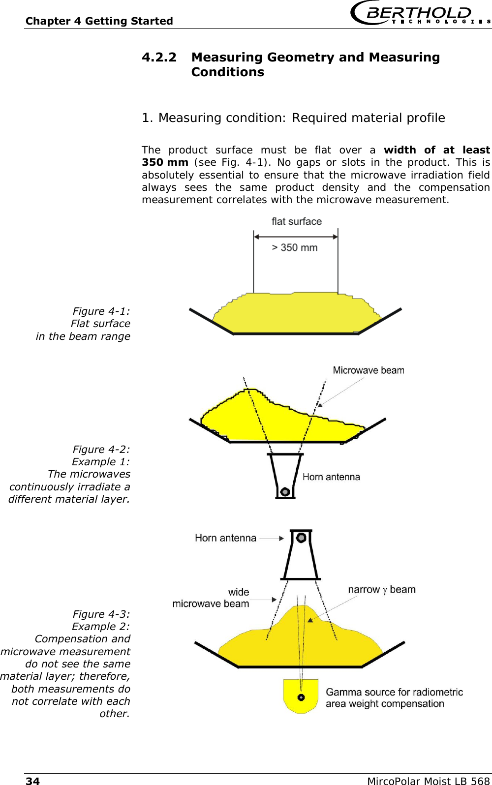 Chapter 4 Getting Started   34  MircoPolar Moist LB 568 4.2.2 Measuring Geometry and Measuring Conditions  1. Measuring condition: Required material profile The  product  surface  must  be  flat  over  a  width  of  at  least 350 mm (see Fig. 4-1). No gaps or slots in the product. This is absolutely essential to ensure that the microwave irradiation field always  sees  the  same  product  density  and  the  compensation measurement correlates with the microwave measurement. Figure 4-1: Flat surface in the beam range                 Figure 4-2: Example 1: The microwaves continuously irradiate a different material layer.                 Figure 4-3: Example 2: Compensation and microwave measurement do not see the same material layer; therefore, both measurements do not correlate with each other.  
