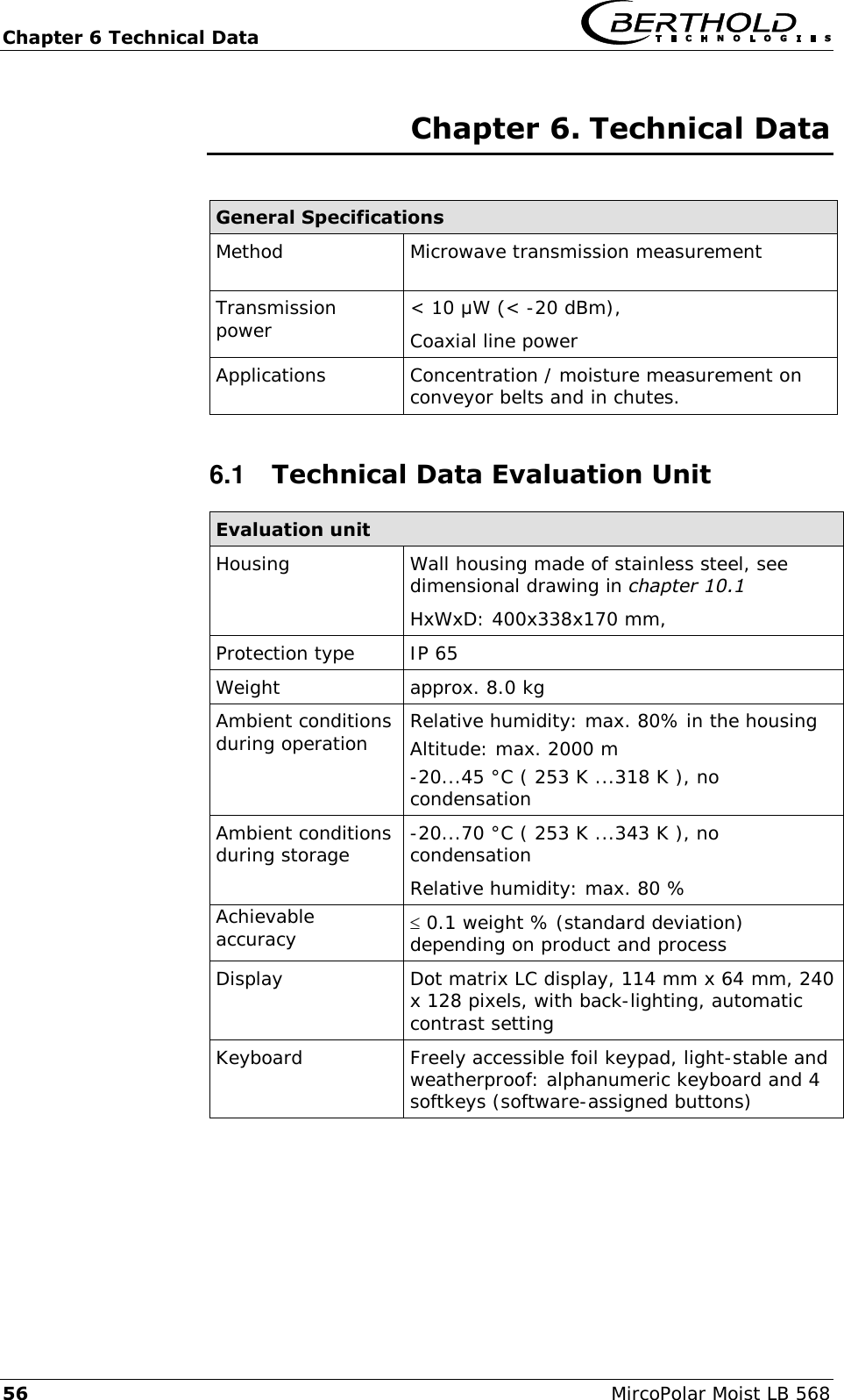 Chapter 6 Technical Data   56  MircoPolar Moist LB 568 Chapter 6. Technical Data  General Specifications Method      Microwave transmission measurement Transmission power < 10 &mu;W (< -20 dBm), Coaxial line power Applications   Concentration / moisture measurement on conveyor belts and in chutes. 6.1  Technical Data Evaluation Unit Evaluation unit Housing       Wall housing made of stainless steel, see dimensional drawing in chapter 10.1 HxWxD: 400x338x170 mm, Protection type IP 65 Weight approx. 8.0 kg Ambient conditions during operation Relative humidity: max. 80% in the housing Altitude: max. 2000 m -20...45 &deg;C ( 253 K ...318 K ), no condensation Ambient conditions during storage -20...70 &deg;C ( 253 K ...343 K ), no condensation Relative humidity: max. 80 % Achievable accuracy  0.1 weight % (standard deviation) depending on product and process Display Dot matrix LC display, 114 mm x 64 mm, 240 x 128 pixels, with back-lighting, automatic contrast setting Keyboard Freely accessible foil keypad, light-stable and weatherproof: alphanumeric keyboard and 4 softkeys (software-assigned buttons) 