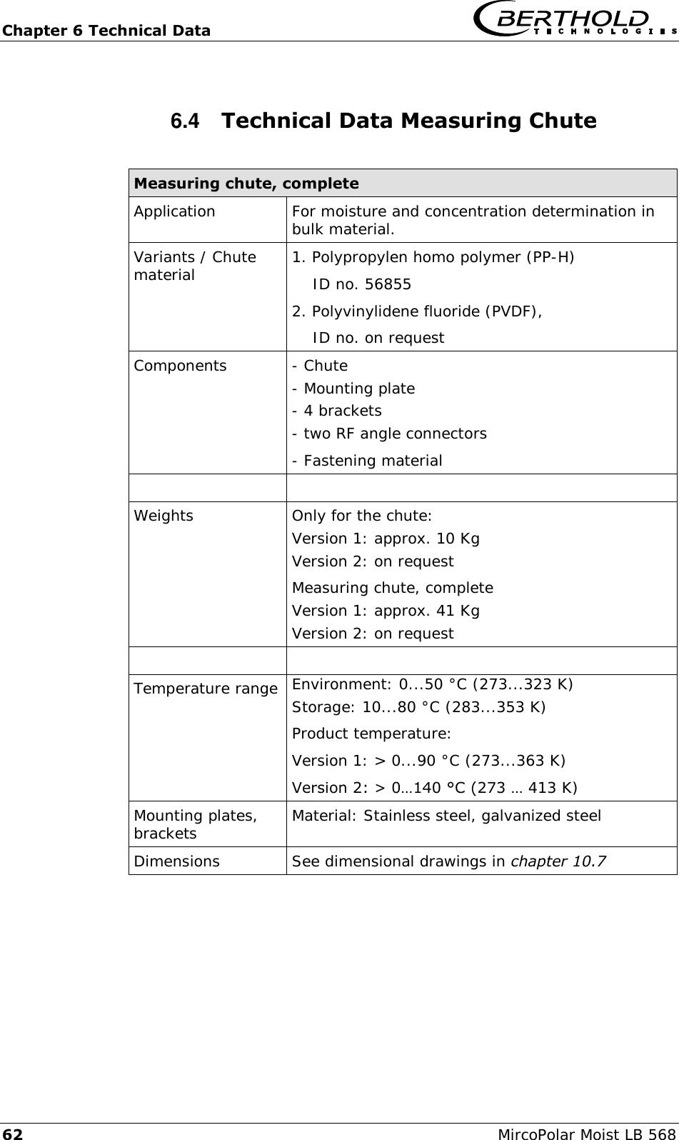 Chapter 6 Technical Data   62  MircoPolar Moist LB 568 6.4  Technical Data Measuring Chute  Measuring chute, complete Application For moisture and concentration determination in bulk material. Variants / Chute material       1. Polypropylen homo polymer (PP-H)     ID no. 56855 2. Polyvinylidene fluoride (PVDF),     ID no. on request Components - Chute - Mounting plate - 4 brackets - two RF angle connectors - Fastening material           Weights         Only for the chute: Version 1: approx. 10 Kg Version 2: on request Measuring chute, complete Version 1: approx. 41 Kg Version 2: on request   Temperature range   Environment: 0...50 &deg;C (273...323 K) Storage: 10...80 &deg;C (283...353 K) Product temperature: Version 1: > 0...90 &deg;C (273...363 K) Version 2: > 0&hellip;140 &deg;C (273 &hellip; 413 K) Mounting plates, brackets     Material: Stainless steel, galvanized steel Dimensions         See dimensional drawings in chapter 10.7   
