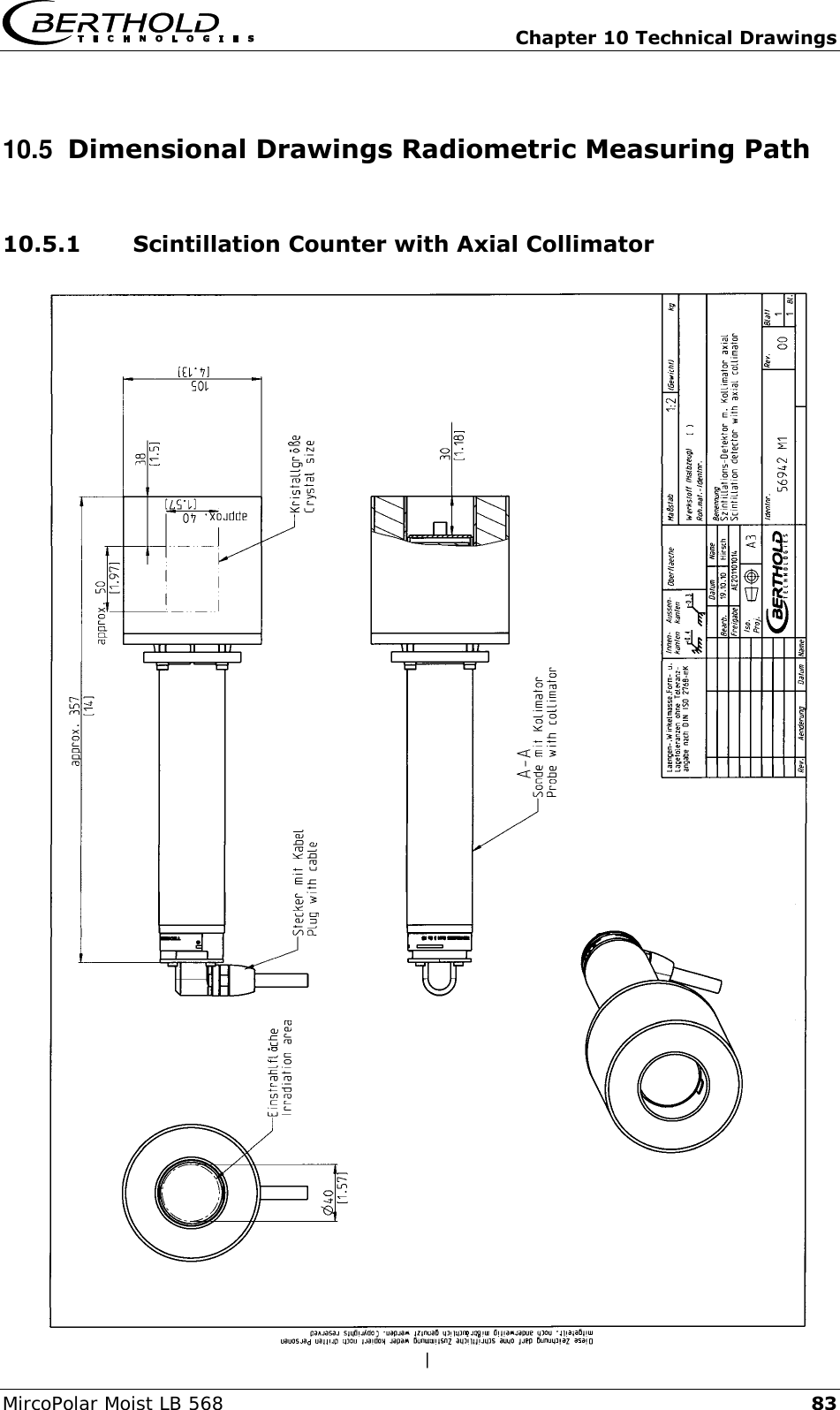   Chapter 10 Technical Drawings MircoPolar Moist LB 568 83 10.5  Dimensional Drawings Radiometric Measuring Path 10.5.1 Scintillation Counter with Axial Collimator     