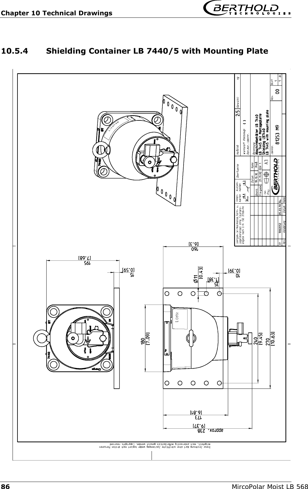 Chapter 10 Technical Drawings   86 MircoPolar Moist LB 568 10.5.4 Shielding Container LB 7440/5 with Mounting Plate     