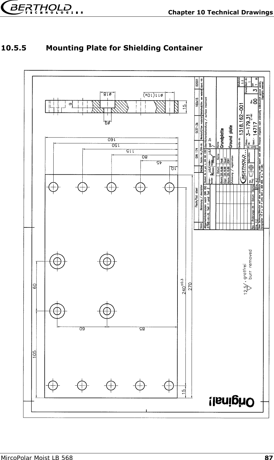   Chapter 10 Technical Drawings MircoPolar Moist LB 568 87 10.5.5  Mounting Plate for Shielding Container     