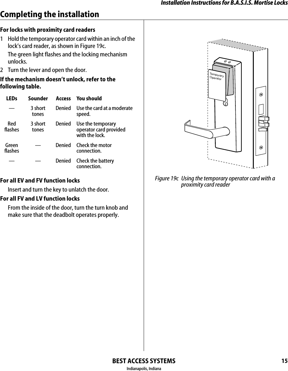 Installation Instructions for B.A.S.I.S. Mortise LocksBEST ACCESS SYSTEMSIndianapolis, Indiana15Installation Instructions for B.A.S.I.S. Mortise LocksCompleting the installationFor locks with proximity card readers1  Hold the temporary operator card within an inch of the lock&rsquo;s card reader, as shown in Figure 19c.The green light flashes and the locking mechanism unlocks.2  Turn the lever and open the door.If the mechanism doesn&rsquo;t unlock, refer to the following table.For all EV and FV function locksInsert and turn the key to unlatch the door.For all FV and LV function locksFrom the inside of the door, turn the turn knob and make sure that the deadbolt operates properly.LEDs Sounder Access You should&mdash;3 short tonesDenied Use the card at a moderate speed.Red flashes3 short tonesDenied Use the temporary operator card provided with the lock.Green flashes&mdash; Denied Check the motor connection.&mdash; &mdash; Denied Check the battery connection.TemporaryOperator Figure 19c Using the temporary operator card with a proximity card reader