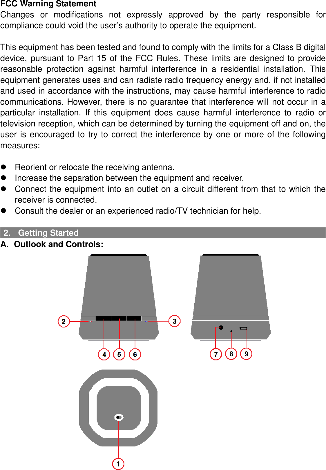 FCC Warning Statement Changes  or  modifications  not  expressly  approved  by  the  party  responsible  for compliance could void the user’s authority to operate the equipment.  This equipment has been tested and found to comply with the limits for a Class B digital device,  pursuant  to  Part  15  of  the  FCC  Rules.  These  limits  are  designed  to  provide reasonable  protection  against  harmful  interference  in  a  residential  installation.  This equipment generates uses and can radiate radio frequency energy and, if not installed and used in accordance with the instructions, may cause harmful interference to radio communications. However,  there  is  no  guarantee that interference will  not occur in a particular  installation.  If  this  equipment  does  cause  harmful  interference  to  radio  or television reception, which can be determined by turning the equipment off and on, the user  is encouraged to  try  to  correct the interference by  one  or  more of the  following measures:    Reorient or relocate the receiving antenna.   Increase the separation between the equipment and receiver.   Connect the equipment into an outlet on a circuit  different from that to which the receiver is connected.   Consult the dealer or an experienced radio/TV technician for help.  2.  Getting Started A.  Outlook and Controls:                     