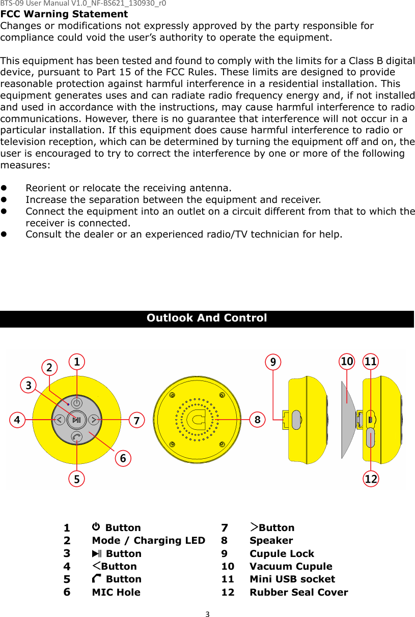 BTS-09 User Manual V1.0_NF-BS621_130930_r0 3FCC Warning Statement Changes or modifications not expressly approved by the party responsible for compliance could void the user’s authority to operate the equipment.  This equipment has been tested and found to comply with the limits for a Class B digital device, pursuant to Part 15 of the FCC Rules. These limits are designed to provide reasonable protection against harmful interference in a residential installation. This equipment generates uses and can radiate radio frequency energy and, if not installed and used in accordance with the instructions, may cause harmful interference to radio communications. However, there is no guarantee that interference will not occur in a particular installation. If this equipment does cause harmful interference to radio or television reception, which can be determined by turning the equipment off and on, the user is encouraged to try to correct the interference by one or more of the following measures:   Reorient or relocate the receiving antenna.  Increase the separation between the equipment and receiver.  Connect the equipment into an outlet on a circuit different from that to which the receiver is connected.  Consult the dealer or an experienced radio/TV technician for help.       Outlook And Control                  1    Button  7  Button 2  Mode / Charging LED  8  Speaker 3    Button  9  Cupule Lock 4  Button  10 Vacuum Cupule 5    Button  11 Mini USB socket 6  MIC Hole  12 Rubber Seal Cover 