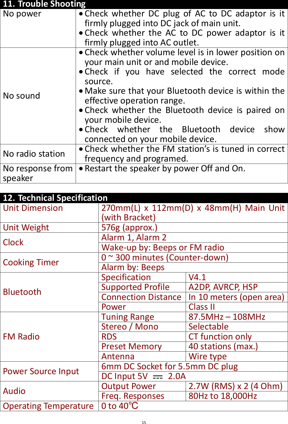  15 11. Trouble Shooting No power  Check  whether  DC  plug  of  AC  to  DC  adaptor  is  it firmly plugged into DC jack of main unit.  Check  whether  the  AC  to  DC  power  adaptor  is  it firmly plugged into AC outlet. No sound  Check whether volume level is in lower position on your main unit or and mobile device.  Check  if  you  have  selected  the  correct  mode source.    Make sure that your Bluetooth device is within the effective operation range.  Check  whether  the  Bluetooth  device  is  paired  on your mobile device.  Check  whether  the  Bluetooth  device  show connected on your mobile device. No radio station  Check whether the FM station’s is tuned in correct frequency and programed. No response from speaker  Restart the speaker by power Off and On.  12. Technical Specification Unit Dimension 270mm(L)  x  112mm(D)  x  48mm(H)  Main  Unit (with Bracket)   Unit Weight 576g (approx.) Clock Alarm 1, Alarm 2   Wake-up by: Beeps or FM radio Cooking Timer 0 ~ 300 minutes (Counter-down) Alarm by: Beeps Bluetooth Specification V4.1 Supported Profile A2DP, AVRCP, HSP Connection Distance In 10 meters (open area) Power Class II FM Radio Tuning Range 87.5MHz – 108MHz Stereo / Mono Selectable RDS CT function only Preset Memory 40 stations (max.) Antenna Wire type Power Source Input 6mm DC Socket for 5.5mm DC plug   DC Input 5V    2.0A Audio Output Power 2.7W (RMS) x 2 (4 Ohm) Freq. Responses   80Hz to 18,000Hz Operating Temperature 0 to 40℃ 