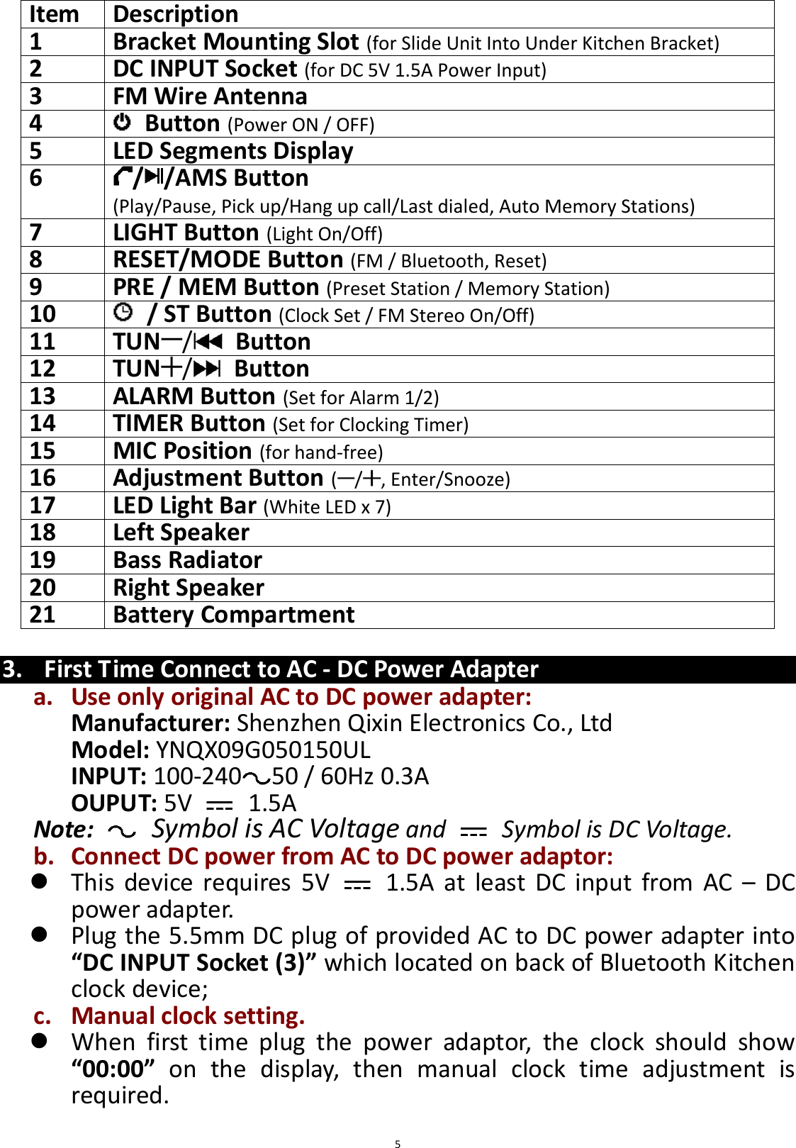  5  Item   Description 1 Bracket Mounting Slot (for Slide Unit Into Under Kitchen Bracket) 2   DC INPUT Socket (for DC 5V 1.5A Power Input) 3   FM Wire Antenna 4     Button (Power ON / OFF) 5   LED Segments Display 6   / /AMS Button   (Play/Pause, Pick up/Hang up call/Last dialed, Auto Memory Stations) 7   LIGHT Button (Light On/Off) 8   RESET/MODE Button (FM / Bluetooth, Reset) 9   PRE / MEM Button (Preset Station / Memory Station) 10     / ST Button (Clock Set / FM Stereo On/Off) 11   TUN /   Button 12   TUN /   Button 13   ALARM Button (Set for Alarm 1/2) 14   TIMER Button (Set for Clocking Timer) 15   MIC Position (for hand-free) 16   Adjustment Button ( / , Enter/Snooze) 17   LED Light Bar (White LED x 7) 18   Left Speaker 19   Bass Radiator 20   Right Speaker 21 Battery Compartment  3. First Time Connect to AC - DC Power Adapter a. Use only original AC to DC power adapter: Manufacturer: Shenzhen Qixin Electronics Co., Ltd Model: YNQX09G050150UL INPUT: 100-240 50 / 60Hz 0.3A OUPUT: 5V    1.5A Note:   Symbol is AC Voltage and    Symbol is DC Voltage. b. Connect DC power from AC to DC power adaptor:  This  device  requires  5V    1.5A  at  least DC  input  from  AC  –  DC power adapter.  Plug the 5.5mm DC plug of provided AC to DC power adapter into “DC INPUT Socket (3)” which located on back of Bluetooth Kitchen clock device;   c. Manual clock setting.  When  first  time  plug  the  power  adaptor,  the  clock  should  show “00:00” on  the  display,  then  manual  clock  time  adjustment  is required. 