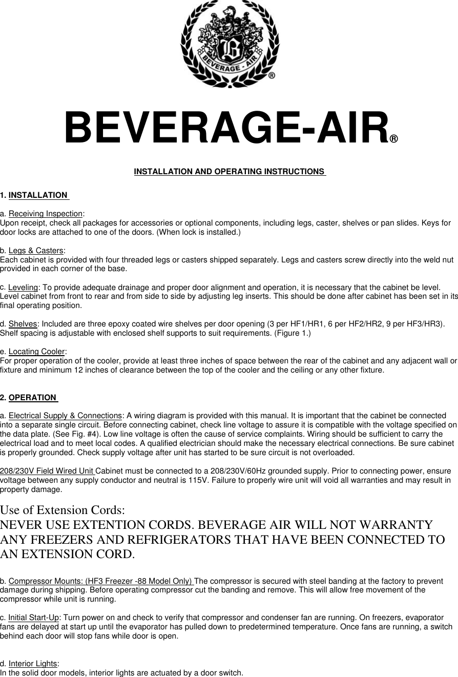 Beverage Air Refrigerator Users Manual