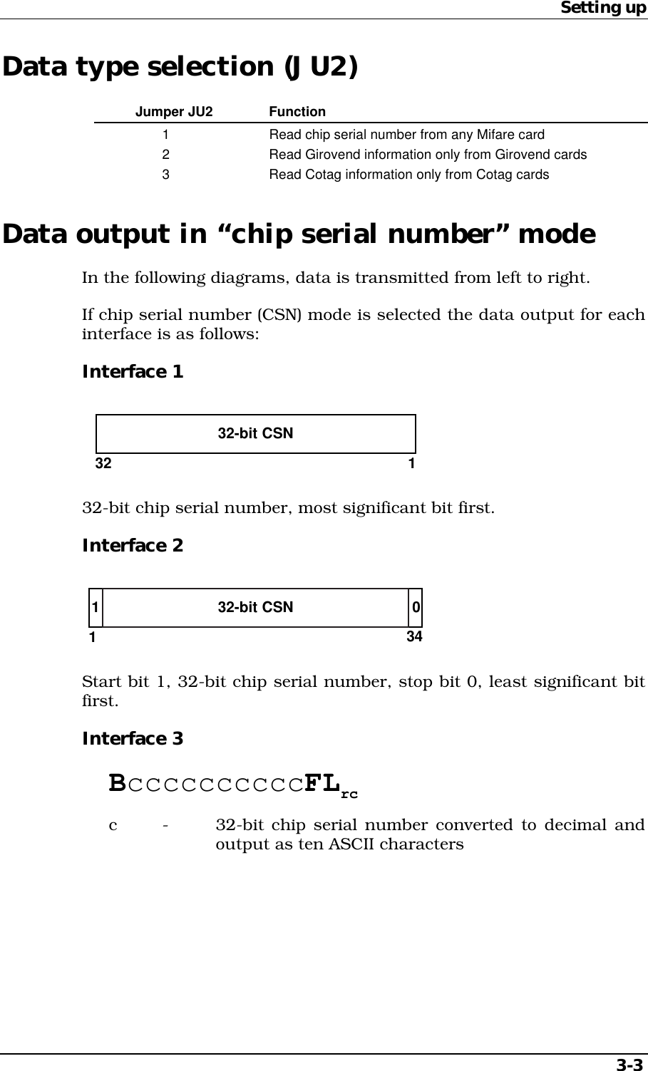 Setting up3-3Data type selection (JU2)Jumper JU2 Function1 Read chip serial number from any Mifare card2 Read Girovend information only from Girovend cards3 Read Cotag information only from Cotag cardsData output in “chip serial number” modeIn the following diagrams, data is transmitted from left to right.If chip serial number (CSN) mode is selected the data output for eachinterface is as follows:Interface 113232-bit CSN32-bit chip serial number, most significant bit first.Interface 232-bit CSN13410Start bit 1, 32-bit chip serial number, stop bit 0, least significant bitfirst.Interface 3BccccccccccFLrcc - 32-bit chip serial number converted to decimal andoutput as ten ASCII characters