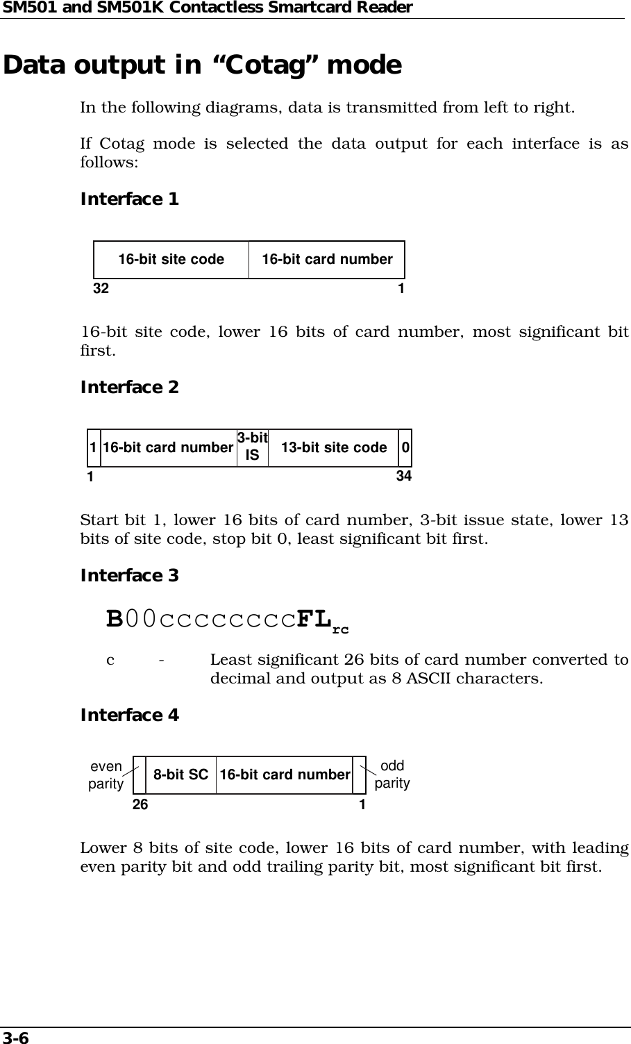 SM501 and SM501K Contactless Smartcard Reader3-6Data output in “Cotag” modeIn the following diagrams, data is transmitted from left to right.If Cotag mode is selected the data output for each interface is asfollows:Interface 113216-bit card number16-bit site code16-bit site code, lower 16 bits of card number, most significant bitfirst.Interface 216-bit card number134103-bitIS 13-bit site codeStart bit 1, lower 16 bits of card number, 3-bit issue state, lower 13bits of site code, stop bit 0, least significant bit first.Interface 3B00ccccccccFLrcc - Least significant 26 bits of card number converted todecimal and output as 8 ASCII characters.Interface 41oddparity16-bit card number8-bit SCevenparity26Lower 8 bits of site code, lower 16 bits of card number, with leadingeven parity bit and odd trailing parity bit, most significant bit first.