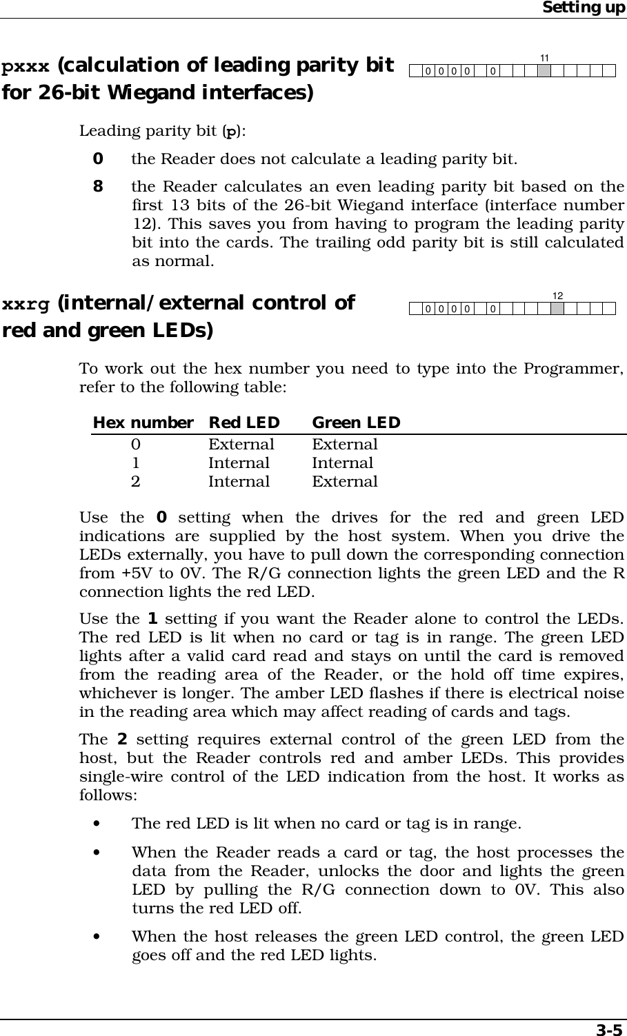 Setting up   3-5 pxxx (calculation of leading parity bit 00 00011 for 26-bit Wiegand interfaces) Leading parity bit (p): 0  the Reader does not calculate a leading parity bit. 8  the Reader calculates an even leading parity bit based on the first 13 bits of the 26-bit Wiegand interface (interface number 12). This saves you from having to program the leading parity bit into the cards. The trailing odd parity bit is still calculated as normal. xxrg (internal/external control of 00 00120 red and green LEDs) To work out the hex number you need to type into the Programmer, refer to the following table: Hex number  Red LED  Green LED  0   External External  1   Internal  Internal  2   Internal  External Use the 0 setting when the drives for the red and green LED indications are supplied by the host system. When you drive the LEDs externally, you have to pull down the corresponding connection from +5V to 0V. The R/G connection lights the green LED and the R connection lights the red LED. Use the 1 setting if you want the Reader alone to control the LEDs. The red LED is lit when no card or tag is in range. The green LED lights after a valid card read and stays on until the card is removed from the reading area of the Reader, or the hold off time expires, whichever is longer. The amber LED flashes if there is electrical noise in the reading area which may affect reading of cards and tags. The  2 setting requires external control of the green LED from the host, but the Reader controls red and amber LEDs. This provides single-wire control of the LED indication from the host. It works as follows: •  The red LED is lit when no card or tag is in range. •  When the Reader reads a card or tag, the host processes the data from the Reader, unlocks the door and lights the green LED by pulling the R/G connection down to 0V. This also turns the red LED off. •  When the host releases the green LED control, the green LED goes off and the red LED lights. 
