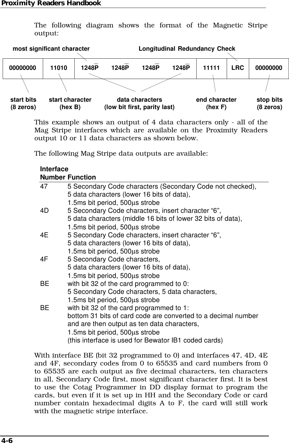 Proximity Readers Handbook 4-6   The following diagram shows the format of the Magnetic Stripe output: start bits(8 zeros) stop bits(8 zeros)data characters(low bit first, parity last)Longitudinal Redundancy Checkend character(hex F)start character(hex B)most significant character00000000 11010 1248P 1248P 1248P 1248P 11111 LRC 00000000 This example shows an output of 4 data characters only - all of the Mag Stripe interfaces which are available on the Proximity Readers output 10 or 11 data characters as shown below. The following Mag Stripe data outputs are available: Interface Number Function 47    5 Secondary Code characters (Secondary Code not checked),     5 data characters (lower 16 bits of data),     1.5ms bit period, 500µs strobe 4D    5 Secondary Code characters, insert character “6”,     5 data characters (middle 16 bits of lower 32 bits of data),     1.5ms bit period, 500µs strobe 4E    5 Secondary Code characters, insert character “6”,     5 data characters (lower 16 bits of data),     1.5ms bit period, 500µs strobe 4F    5 Secondary Code characters,     5 data characters (lower 16 bits of data),     1.5ms bit period, 500µs strobe BE    with bit 32 of the card programmed to 0:     5 Secondary Code characters, 5 data characters,     1.5ms bit period, 500µs strobe BE    with bit 32 of the card programmed to 1:     bottom 31 bits of card code are converted to a decimal number     and are then output as ten data characters,     1.5ms bit period, 500µs strobe     (this interface is used for Bewator IB1 coded cards) With interface BE (bit 32 programmed to 0) and interfaces 47, 4D, 4E and 4F, secondary codes from 0 to 65535 and card numbers from 0 to 65535 are each output as five decimal characters, ten characters in all, Secondary Code first, most significant character first. It is best to use the Cotag Programmer in DD display format to program the cards, but even if it is set up in HH and the Secondary Code or card number contain hexadecimal digits A to F, the card will still work with the magnetic stripe interface. 