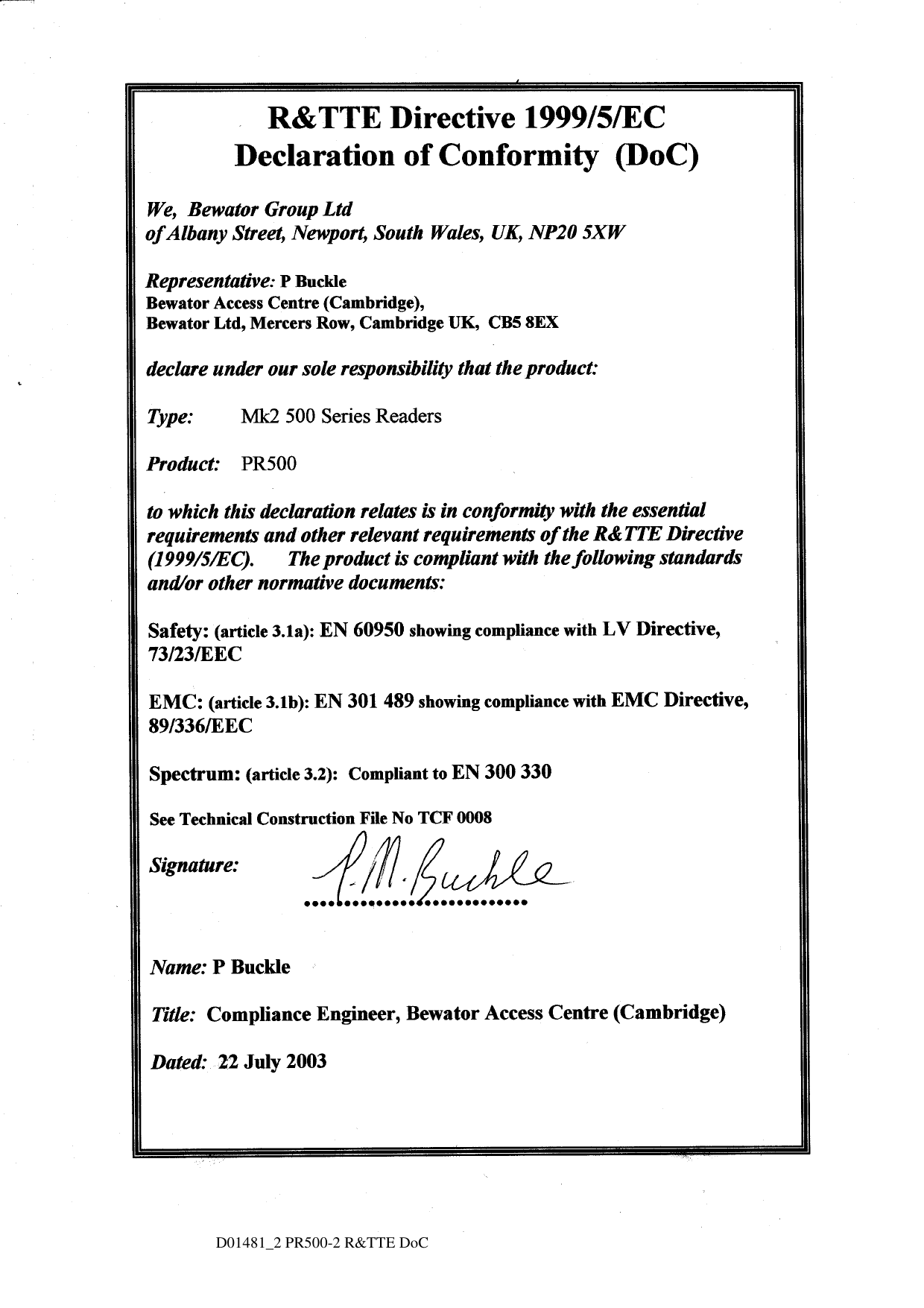 D01481_2 PR500-2 R&amp;TTE DoC