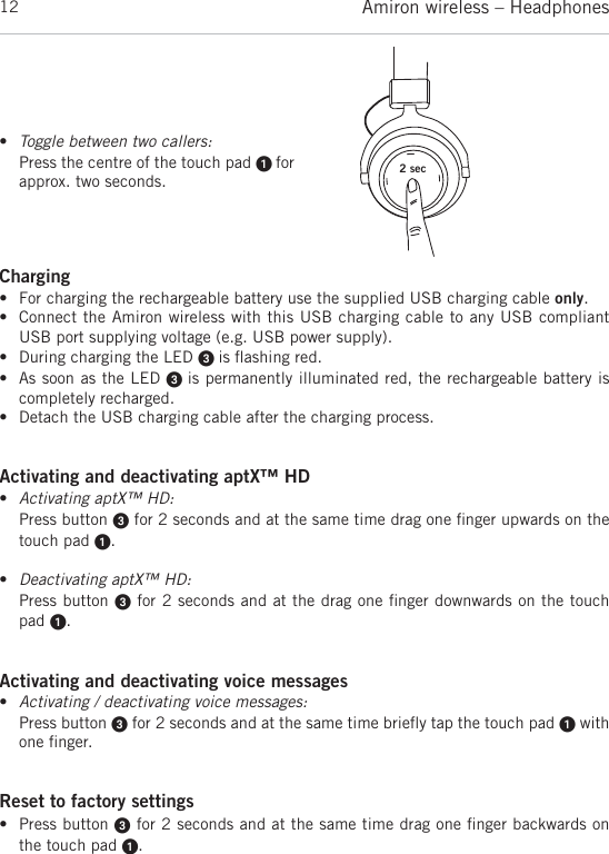 Page 12 of Beyerdynamic AMIRON Bluetooth Headset User Manual MAN Amiron wireless EN DE FR ES JP KO ZH  Layout 1