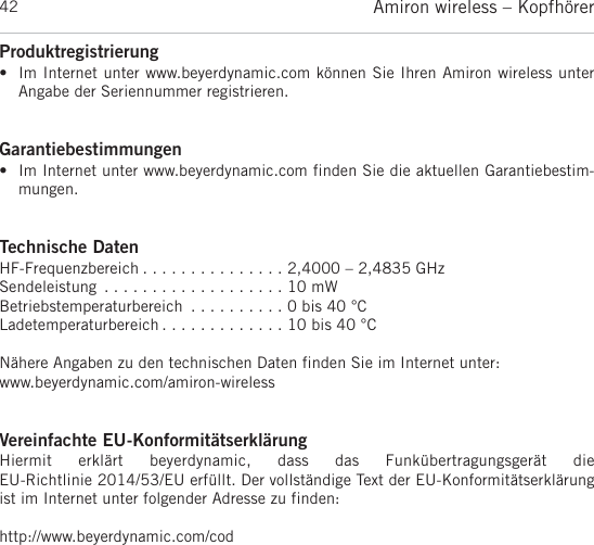 Page 42 of Beyerdynamic AMIRON Bluetooth Headset User Manual MAN Amiron wireless EN DE FR ES JP KO ZH  Layout 1