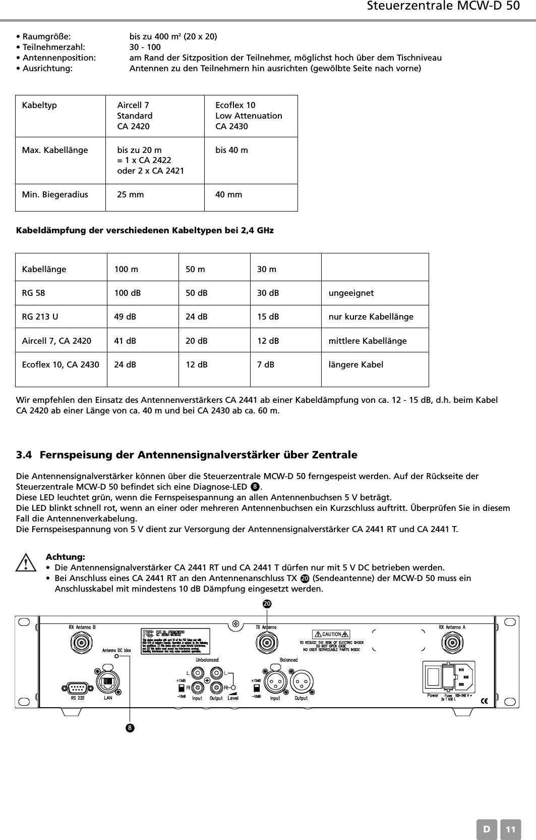 Steuerzentrale MCW-D 50D113.4 Fernspeisung der Antennensignalverst&auml;rker &uuml;ber ZentraleDie Antennensignalverst&auml;rker k&ouml;nnen &uuml;ber die Steuerzentrale MCW-D 50 ferngespeist werden. Auf der R&uuml;ckseite derSteuerzentrale MCW-D 50 befindet sich eine Diagnose-LED     .Diese LED leuchtet gr&uuml;n, wenn die Fernspeisespannung an allen Antennenbuchsen 5 V betr&auml;gt.Die LED blinkt schnell rot, wenn an einer oder mehreren Antennenbuchsen ein Kurzschluss auftritt. &Uuml;berpr&uuml;fen Sie in diesemFall die Antennenverkabelung.Die Fernspeisespannung von 5 V dient zur Versorgung der Antennensignalverst&auml;rker CA 2441 RT und CA 2441 T.&bull; Raumgr&ouml;&szlig;e: bis zu 400 m2(20 x 20)&bull; Teilnehmerzahl: 30 - 100&bull; Antennenposition: am Rand der Sitzposition der Teilnehmer, m&ouml;glichst hoch &uuml;ber dem Tischniveau&bull; Ausrichtung: Antennen zu den Teilnehmern hin ausrichten (gew&ouml;lbte Seite nach vorne)Wir empfehlen den Einsatz des Antennenverst&auml;rkers CA 2441 ab einer Kabeld&auml;mpfung von ca. 12 - 15 dB, d.h. beim Kabel CA 2420 ab einer L&auml;nge von ca. 40 m und bei CA 2430 ab ca. 60 m.Kabeld&auml;mpfung der verschiedenen Kabeltypen bei 2,4 GHzKabeltypKabell&auml;nge 100 m 50 m 30 mRG 58 100 dB 50 dB 30 dB ungeeignetRG 213 U 49 dB 24 dB 15 dB nur kurze Kabell&auml;ngeAircell 7, CA 2420 41 dB 20 dB 12 dB mittlere Kabell&auml;ngeEcoflex 10, CA 2430 24 dB 12 dB 7 dB l&auml;ngere KabelAircell 7StandardCA 2420Ecoflex 10Low AttenuationCA 2430Max. Kabell&auml;nge bis zu 20 m= 1 x CA 2422oder 2 x CA 2421bis 40 mMin. Biegeradius 25 mm 40 mmAchtung:&bull; Die Antennensignalverst&auml;rker CA 2441 RT und CA 2441 T d&uuml;rfen nur mit 5 V DC betrieben werden.&bull; Bei Anschluss eines CA 2441 RT an den Antennenanschluss TX      (Sendeantenne) der MCW-D 50 muss einAnschlusskabel mit mindestens 10 dB D&auml;mpfung eingesetzt werden.882020
