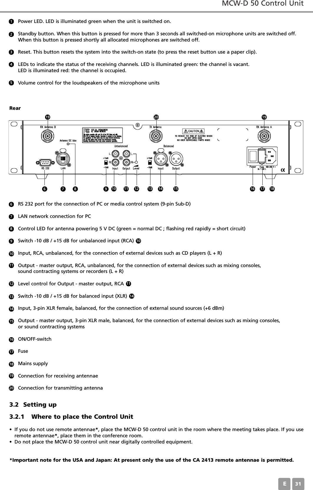 MCW-D 50 Control UnitE31RS 232 port for the connection of PC or media control system (9-pin Sub-D)LAN network connection for PCControl LED for antenna powering 5 V DC (green = normal DC ; flashing red rapidly = short circuit)Switch -10 dB / +15 dB for unbalanced input (RCA)      Input, RCA, unbalanced, for the connection of external devices such as CD players (L + R)Output - master output, RCA, unbalanced, for the connection of external devices such as mixing consoles, sound contracting systems or recorders (L + R)Level control for Output - master output, RCA Switch -10 dB / +15 dB for balanced input (XLR)       Input, 3-pin XLR female, balanced, for the connection of external sound sources (+6 dBm)Output - master output, 3-pin XLR male, balanced, for the connection of external devices such as mixing consoles, or sound contracting systemsON/OFF-switchFuseMains supplyConnection for receiving antennaeConnection for transmitting antenna6789101010111112131414151617181920Power LED. LED is illuminated green when the unit is switched on.Standby button. When this button is pressed for more than 3 seconds all switched-on microphone units are switched off.When this button is pressed shortly all allocated microphones are switched off.Reset. This button resets the system into the switch-on state (to press the reset button use a paper clip).LEDs to indicate the status of the receiving channels. LED is illuminated green: the channel is vacant. LED is illuminated red: the channel is occupied.Volume control for the loudspeakers of the microphone units12345Rear3.2 Setting up3.2.1 Where to place the Control Unit&bull; If you do not use remote antennae*, place the MCW-D 50 control unit in the room where the meeting takes place. If you useremote antennae*, place them in the conference room.&bull; Do not place the MCW-D 50 control unit near digitally controlled equipment.*Important note for the USA and Japan: At present only the use of the CA 2413 remote antennae is permitted.6 7 11 12 13 14 15 16 17 1819201998