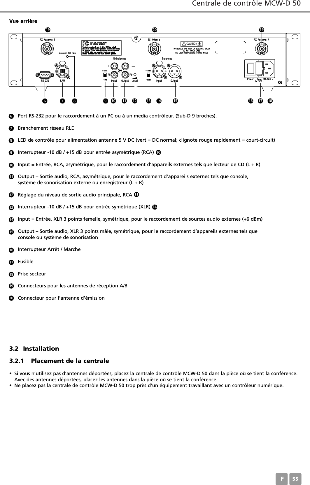 Centrale de contr&ocirc;le MCW-D 50F55Port RS-232 pour le raccordement &agrave; un PC ou &agrave; un media contr&ocirc;leur. (Sub-D 9 broches).Branchement r&eacute;seau RLE LED de contr&ocirc;le pour alimentation antenne 5 V DC (vert = DC normal; clignote rouge rapidement = court-circuit)Interrupteur -10 dB / +15 dB pour entr&eacute;e asym&eacute;trique (RCA)      Input = Entr&eacute;e, RCA, asym&eacute;trique, pour le raccordement d&rsquo;appareils externes tels que lecteur de CD (L + R)Output &ndash; Sortie audio, RCA, asym&eacute;trique, pour le raccordement d&rsquo;appareils externes tels que console, syst&egrave;me de sonorisation externe ou enregistreur (L + R)R&eacute;glage du niveau de sortie audio principale, RCA      Interrupteur -10 dB / +15 dB pour entr&eacute;e sym&eacute;trique (XLR)       Input = Entr&eacute;e, XLR 3 points femelle, sym&eacute;trique, pour le raccordement de sources audio externes (+6 dBm)Output &ndash; Sortie audio, XLR 3 points m&acirc;le, sym&eacute;trique, pour le raccordement d&rsquo;appareils externes tels que console ou syst&egrave;me de sonorisation  Interrupteur Arr&ecirc;t / MarcheFusiblePrise secteurConnecteurs pour les antennes de r&eacute;ception A/BConnecteur pour l&rsquo;antenne d&rsquo;&eacute;mission6789101010111112131414151617181920Vue arri&egrave;re3.2 Installation3.2.1 Placement de la centrale&bull; Si vous n&rsquo;utilisez pas d&rsquo;antennes d&eacute;port&eacute;es, placez la centrale de contr&ocirc;le MCW-D 50 dans la pi&egrave;ce o&ugrave; se tient la conf&eacute;rence.Avec des antennes d&eacute;port&eacute;es, placez les antennes dans la pi&egrave;ce o&ugrave; se tient la conf&eacute;rence.&bull; Ne placez pas la centrale de contr&ocirc;le MCW-D 50 trop pr&egrave;s d&rsquo;un &eacute;quipement travaillant avec un contr&ocirc;leur num&eacute;rique.6 7 11 12 13 14 15 16 17 1819201998