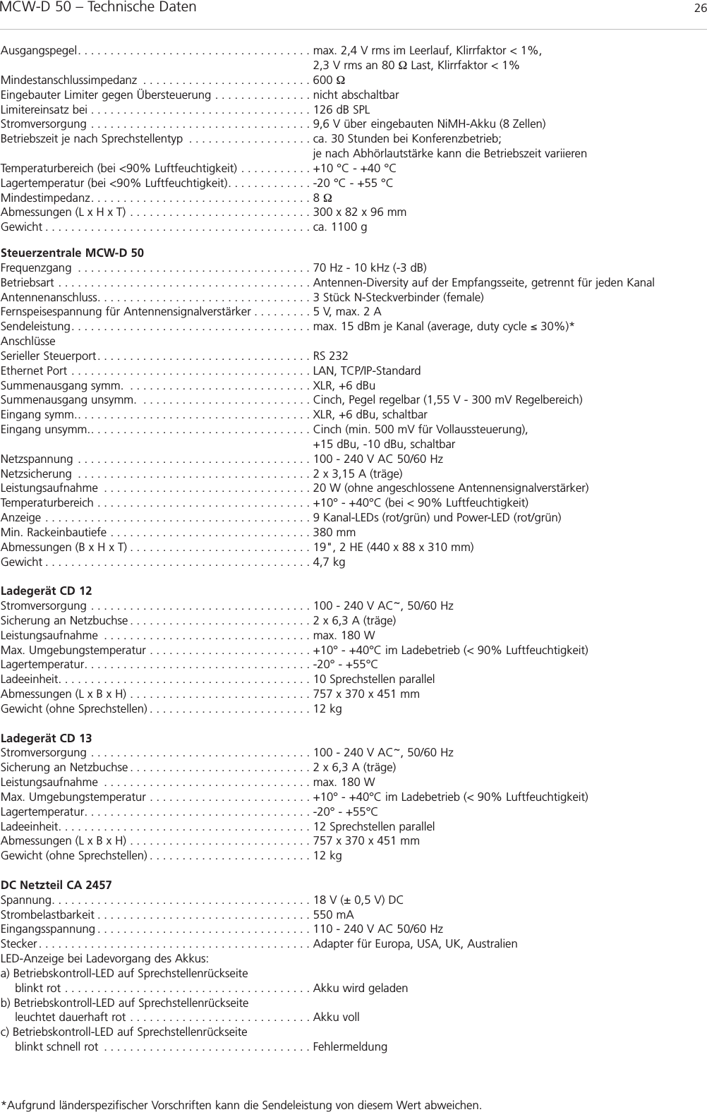 MCW-D 50 – Technische Daten 26Ausgangspegel. . . . . . . . . . . . . . . . . . . . . . . . . . . . . . . . . . . . max. 2,4 V rms im Leerlauf, Klirrfaktor &lt; 1%, 2,3 V rms an 80 Ω Last, Klirrfaktor &lt; 1%Mindestanschlussimpedanz . . . . . . . . . . . . . . . . . . . . . . . . . . 600 ΩEingebauter Limiter gegen Übersteuerung . . . . . . . . . . . . . . . nicht abschaltbarLimitereinsatz bei . . . . . . . . . . . . . . . . . . . . . . . . . . . . . . . . . . 126 dB SPLStromversorgung . . . . . . . . . . . . . . . . . . . . . . . . . . . . . . . . . . 9,6 V über eingebauten NiMH-Akku (8 Zellen)Betriebszeit je nach Sprechstellentyp . . . . . . . . . . . . . . . . . . . ca. 30 Stunden bei Konferenzbetrieb;  je nach Abhörlautstärke kann die Betriebszeit variierenTemperaturbereich (bei &lt;90% Luftfeuchtigkeit) . . . . . . . . . . . +10 °C - +40 °CLagertemperatur (bei &lt;90% Luftfeuchtigkeit). . . . . . . . . . . . . -20 °C - +55 °C Mindestimpedanz. . . . . . . . . . . . . . . . . . . . . . . . . . . . . . . . . . 8 ΩAbmessungen (L x H x T) . . . . . . . . . . . . . . . . . . . . . . . . . . . . 300 x 82 x 96 mmGewicht . . . . . . . . . . . . . . . . . . . . . . . . . . . . . . . . . . . . . . . . . ca. 1100 gSteuerzentrale MCW-D 50Frequenzgang . . . . . . . . . . . . . . . . . . . . . . . . . . . . . . . . . . . . 70 Hz - 10 kHz (-3 dB)Betriebsart . . . . . . . . . . . . . . . . . . . . . . . . . . . . . . . . . . . . . . . Antennen-Diversity auf der Empfangsseite, getrennt für jeden KanalAntennenanschluss. . . . . . . . . . . . . . . . . . . . . . . . . . . . . . . . . 3 Stück N-Steckverbinder (female)Fernspeisespannung für Antennensignalverstärker . . . . . . . . . 5 V, max. 2 ASendeleistung. . . . . . . . . . . . . . . . . . . . . . . . . . . . . . . . . . . . . max. 15 dBm je Kanal (average, duty cycle ≤ 30%)*AnschlüsseSerieller Steuerport. . . . . . . . . . . . . . . . . . . . . . . . . . . . . . . . . RS 232Ethernet Port . . . . . . . . . . . . . . . . . . . . . . . . . . . . . . . . . . . . . LAN, TCP/IP-StandardSummenausgang symm. . . . . . . . . . . . . . . . . . . . . . . . . . . . . XLR, +6 dBuSummenausgang unsymm. . . . . . . . . . . . . . . . . . . . . . . . . . . Cinch, Pegel regelbar (1,55 V - 300 mV Regelbereich)Eingang symm.. . . . . . . . . . . . . . . . . . . . . . . . . . . . . . . . . . . . XLR, +6 dBu, schaltbarEingang unsymm.. . . . . . . . . . . . . . . . . . . . . . . . . . . . . . . . . . Cinch (min. 500 mV für Vollaussteuerung), +15 dBu, -10 dBu, schaltbarNetzspannung . . . . . . . . . . . . . . . . . . . . . . . . . . . . . . . . . . . . 100 - 240 V AC 50/60 HzNetzsicherung . . . . . . . . . . . . . . . . . . . . . . . . . . . . . . . . . . . . 2 x 3,15 A (träge)Leistungsaufnahme . . . . . . . . . . . . . . . . . . . . . . . . . . . . . . . . 20 W (ohne angeschlossene Antennensignalverstärker)Temperaturbereich . . . . . . . . . . . . . . . . . . . . . . . . . . . . . . . . . +10° - +40°C (bei &lt; 90% Luftfeuchtigkeit)Anzeige . . . . . . . . . . . . . . . . . . . . . . . . . . . . . . . . . . . . . . . . . 9 Kanal-LEDs (rot/grün) und Power-LED (rot/grün)Min. Rackeinbautiefe . . . . . . . . . . . . . . . . . . . . . . . . . . . . . . . 380 mmAbmessungen (B x H x T) . . . . . . . . . . . . . . . . . . . . . . . . . . . . 19&quot;, 2 HE (440 x 88 x 310 mm)Gewicht . . . . . . . . . . . . . . . . . . . . . . . . . . . . . . . . . . . . . . . . . 4,7 kgLadegerät CD 12 Stromversorgung . . . . . . . . . . . . . . . . . . . . . . . . . . . . . . . . . . 100 - 240 V AC~, 50/60 HzSicherung an Netzbuchse . . . . . . . . . . . . . . . . . . . . . . . . . . . . 2 x 6,3 A (träge)Leistungsaufnahme . . . . . . . . . . . . . . . . . . . . . . . . . . . . . . . . max. 180 W Max. Umgebungstemperatur . . . . . . . . . . . . . . . . . . . . . . . . . +10° - +40°C im Ladebetrieb (&lt; 90% Luftfeuchtigkeit)Lagertemperatur. . . . . . . . . . . . . . . . . . . . . . . . . . . . . . . . . . . -20° - +55°CLadeeinheit. . . . . . . . . . . . . . . . . . . . . . . . . . . . . . . . . . . . . . . 10 Sprechstellen parallelAbmessungen (L x B x H) . . . . . . . . . . . . . . . . . . . . . . . . . . . . 757 x 370 x 451 mmGewicht (ohne Sprechstellen) . . . . . . . . . . . . . . . . . . . . . . . . . 12 kgLadegerät CD 13 Stromversorgung . . . . . . . . . . . . . . . . . . . . . . . . . . . . . . . . . . 100 - 240 V AC~, 50/60 HzSicherung an Netzbuchse . . . . . . . . . . . . . . . . . . . . . . . . . . . . 2 x 6,3 A (träge)Leistungsaufnahme . . . . . . . . . . . . . . . . . . . . . . . . . . . . . . . . max. 180 W Max. Umgebungstemperatur . . . . . . . . . . . . . . . . . . . . . . . . . +10° - +40°C im Ladebetrieb (&lt; 90% Luftfeuchtigkeit)Lagertemperatur. . . . . . . . . . . . . . . . . . . . . . . . . . . . . . . . . . . -20° - +55°CLadeeinheit. . . . . . . . . . . . . . . . . . . . . . . . . . . . . . . . . . . . . . . 12 Sprechstellen parallelAbmessungen (L x B x H) . . . . . . . . . . . . . . . . . . . . . . . . . . . . 757 x 370 x 451 mmGewicht (ohne Sprechstellen) . . . . . . . . . . . . . . . . . . . . . . . . . 12 kgDC Netzteil CA 2457Spannung. . . . . . . . . . . . . . . . . . . . . . . . . . . . . . . . . . . . . . . . 18 V (± 0,5 V) DCStrombelastbarkeit . . . . . . . . . . . . . . . . . . . . . . . . . . . . . . . . . 550 mAEingangsspannung . . . . . . . . . . . . . . . . . . . . . . . . . . . . . . . . . 110 - 240 V AC 50/60 HzStecker. . . . . . . . . . . . . . . . . . . . . . . . . . . . . . . . . . . . . . . . . . Adapter für Europa, USA, UK, AustralienLED-Anzeige bei Ladevorgang des Akkus:a) Betriebskontroll-LED auf Sprechstellenrückseite blinkt rot . . . . . . . . . . . . . . . . . . . . . . . . . . . . . . . . . . . . . . Akku wird geladenb) Betriebskontroll-LED auf Sprechstellenrückseite leuchtet dauerhaft rot . . . . . . . . . . . . . . . . . . . . . . . . . . . . Akku vollc) Betriebskontroll-LED auf Sprechstellenrückseite blinkt schnell rot . . . . . . . . . . . . . . . . . . . . . . . . . . . . . . . . Fehlermeldung*Aufgrund länderspezifischer Vorschriften kann die Sendeleistung von diesem Wert abweichen.