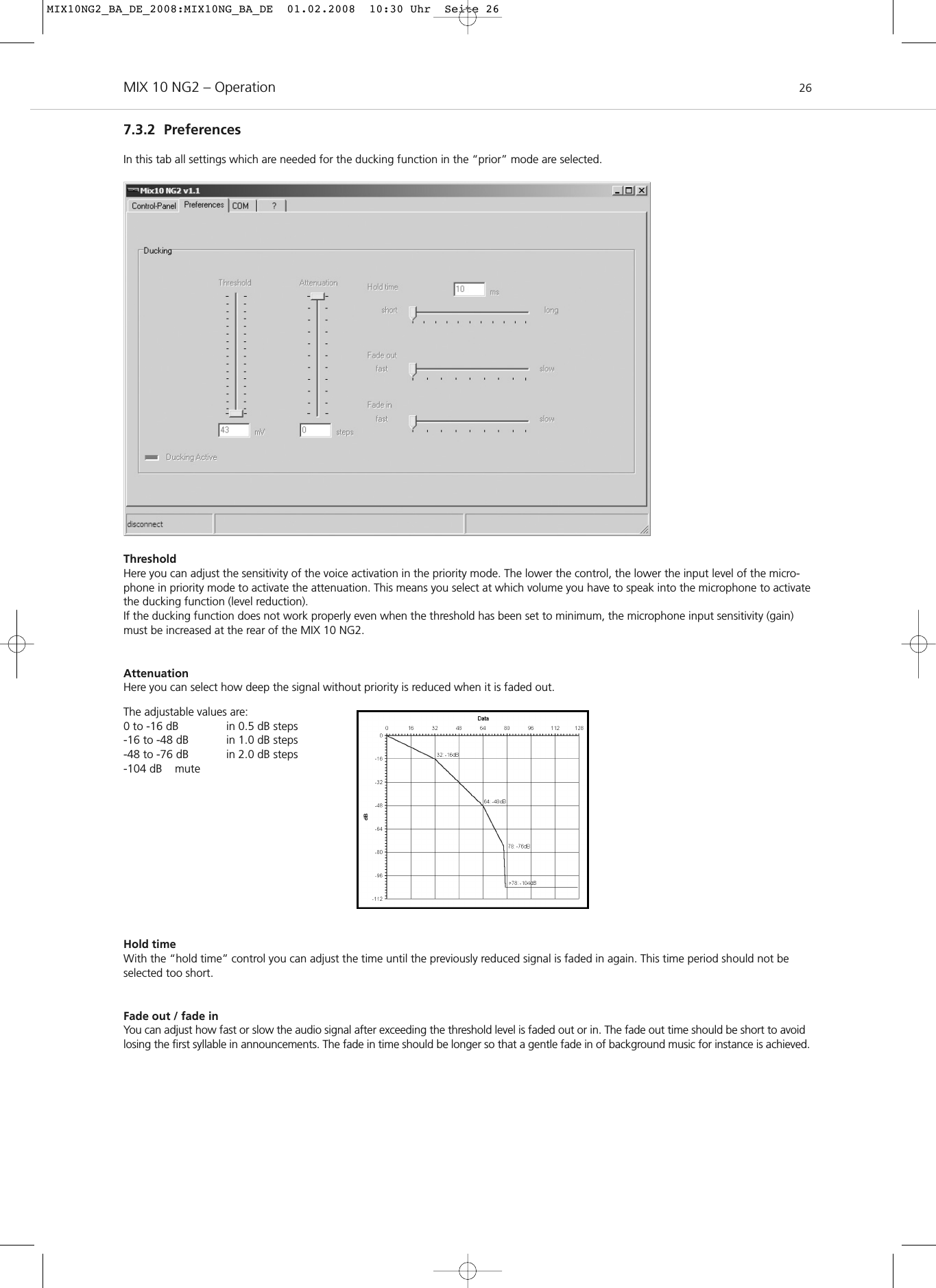 MIX 10 NG2 – Operation 267.3.2 PreferencesIn this tab all settings which are needed for the ducking function in the “prior” mode are selected.  ThresholdHere you can adjust the sensitivity of the voice activation in the priority mode. The lower the control, the lower the input level of the micro-phone in priority mode to activate the attenuation. This means you select at which volume you have to speak into the microphone to activatethe ducking function (level reduction). If the ducking function does not work properly even when the threshold has been set to minimum, the microphone input sensitivity (gain)must be increased at the rear of the MIX 10 NG2. AttenuationHere you can select how deep the signal without priority is reduced when it is faded out. Hold timeWith the “hold time” control you can adjust the time until the previously reduced signal is faded in again. This time period should not beselected too short.Fade out / fade inYou can adjust how fast or slow the audio signal after exceeding the threshold level is faded out or in. The fade out time should be short to avoidlosing the first syllable in announcements. The fade in time should be longer so that a gentle fade in of background music for instance is achieved. The adjustable values are: 0 to -16 dB  in 0.5 dB steps-16 to -48 dB  in 1.0 dB steps-48 to -76 dB  in 2.0 dB steps-104 dB muteMIX10NG2_BA_DE_2008:MIX10NG_BA_DE  01.02.2008  10:30 Uhr  Seite 26