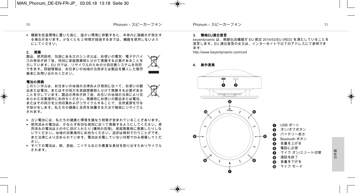 日本語Phonum &ndash; スピーカーフォン30 Phonum &ndash; スピーカーフォン 31&bull;機器を低温環境に置いた後に、温かい環境に移動すると、本体内に凝縮水が発生する場合があります。少なくとも 2 時間が経過するまでは、機器を使用しないようにしてください。2. 廃棄製品、使用説明、包装にある次のシンボルは、お使いの電気・電子デバイスの寿命が終了後、特別に家庭廃棄物と分けて廃棄する必要があることを示しています。EU 内では、リサイクルのための分別収集システムを利用できます。詳細情報は、お住まいの地域の当局または製品を購入した販売業者にお問い合わせください。電池の廃棄このシンボルは、お住まいの地域の法律および規則に従って、お使いの製品または電池、またはその両方を家庭廃棄物と分けて廃棄する必要があることを示しています。製品の寿命が終了後、お住いの地域の当局により定められた収集場所にお持ちください。廃棄時にお使いの製品または電池、またはその両方を分別収集およびリサイクルすることで、自然資源を守る手助けをします。私たちの健康と自然を保護する方法で確実にリサイクルされます。&bull;古い電池には、私たちの健康と環境を損なう物質が含まれていることがあります。&bull;使用済みの電池は、かならず有効な規則に従って廃棄するようにしてください。使用済みの電池は火の中に投げ入れたり (爆発の危険)、家庭廃棄物に廃棄したりしないでください。地域の収集場所にお持ちください。返却は無料で行うことができ、また法律により定められています。電池は充電していない状態でのみ廃棄してください。&bull;すべての電池は、鉄、亜鉛、ニッケルなどの貴重な素材を取り出すためリサイクルされます。3. 簡略EU適合宣言beyerdynamic は、無線伝送機器が EU 規定 2014/53/EU (RED) を満たしていることを宣言します。EU 適合宣言の全文は、インターネットで以下のアドレスにて参照できます:http://www.beyerdynamic.com/cod4. 操作要素  USB ポートオン/オフボタンバッテリー表示Bluetooth ボタン音量を上げる電話に応答マイク オン/ミュート切替通話を終了音量を下げるマイク モードMAN_Phonum_DE-EN-FR-JP_  03.05.18  13:18  Seite 30