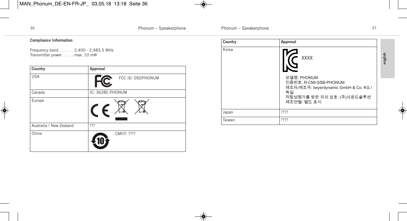 englishPhonum &ndash; Speakerphone 37Phonum &ndash; Speakerphone36Compliance InformationFrequency band . . . . . . 2,400 - 2,483.5 MHzTransmitter power. . . . . max. 10 mWCountry ApprovalUSACanada IC: 3628C-PHONUMEuropeAustralia / New Zealand ???ChinaFCC ID: OSDPHONUMCMIIT: ????Country ApprovalKoreaJapan ????Taiwan ????XXXX모델명: PHONUM인증번호: R-CMI-SSB-PHONUM 제조자/제조국: beyerdynamic GmbH &amp; Co. KG /독일적합성평가를 받은 자의 상호: (주)사운드솔루션제조연월: 별도 표시MAN_Phonum_DE-EN-FR-JP_  03.05.18  13:18  Seite 36