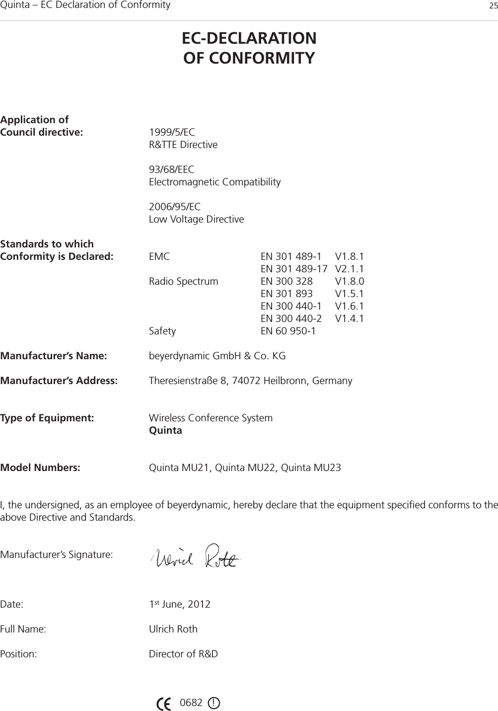 Quinta – EC Declaration of Conformity 25EC-DECLARATIONOF CONFORMITYApplication ofCouncil directive: 1999/5/EC R&amp;TTE Directive93/68/EECElectromagnetic Compatibility2006/95/ECLow Voltage DirectiveStandards to which Conformity is Declared: EMC EN 301 489-1 V1.8.1EN 301 489-17 V2.1.1Radio Spectrum EN 300 328 V1.8.0EN 301 893 V1.5.1EN 300 440-1 V1.6.1EN 300 440-2 V1.4.1Safety EN 60 950-1Manufacturer’s Name: beyerdynamic GmbH &amp; Co. KGManufacturer’s Address: Theresienstraße 8, 74072 Heilbronn, GermanyType of Equipment: Wireless Conference SystemQuintaModel Numbers: Quinta MU21, Quinta MU22, Quinta MU23I, the undersigned, as an employee of beyerdynamic, hereby declare that the equipment specified conforms to theabove Directive and Standards.Manufacturer’s Signature:Date: 1st June, 2012Full Name: Ulrich RothPosition: Director of R&amp;D0682   !