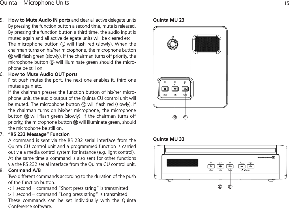 Quinta – Microphone Units  155. How to Mute Audio IN ports and clear all active delegate unitsBy pressing the function button a second time, mute is released.By pressing the function button a third time, the audio input ismuted again and all active delegate units will be cleared etc. The microphone button  will flash red (slowly). When thechairman turns on his/her microphone, the microphone buttonwill flash green (slowly). If the chairman turns off priority, themicrophone button will illuminate green should the micro-phone be still on. 6. How to Mute Audio OUT portsFirst push mutes the port, the next one enables it, third onemutes again etc. If the chairman presses the function button of his/her micro-phone unit, the audio output of the Quinta CU control unit willbe muted. The microphone button  will flash red (slowly). Ifthe chairman turns on his/her microphone, the microphone button  will flash green (slowly). If the chairman turns off priority, the microphone button  will illuminate green, shouldthe microphone be still on. 7. “RS 232 Message” FunctionA command is sent via the RS 232 serial interface from theQuinta CU control unit and a programmed function is carriedout via a media control system for instance (e.g. light control). At the same time a command is also sent for other functionsvia the RS 232 serial interface from the Quinta CU control unit.8. Command A/BTwo different commands according to the duration of the pushof the function button. &lt; 1 second = command “Short press string” is transmitted &gt; 1 second = command “Long press string” is transmittedThese commands can be set individually with the Quinta Conference software.!Quinta MU 23Quinta MU 33 !