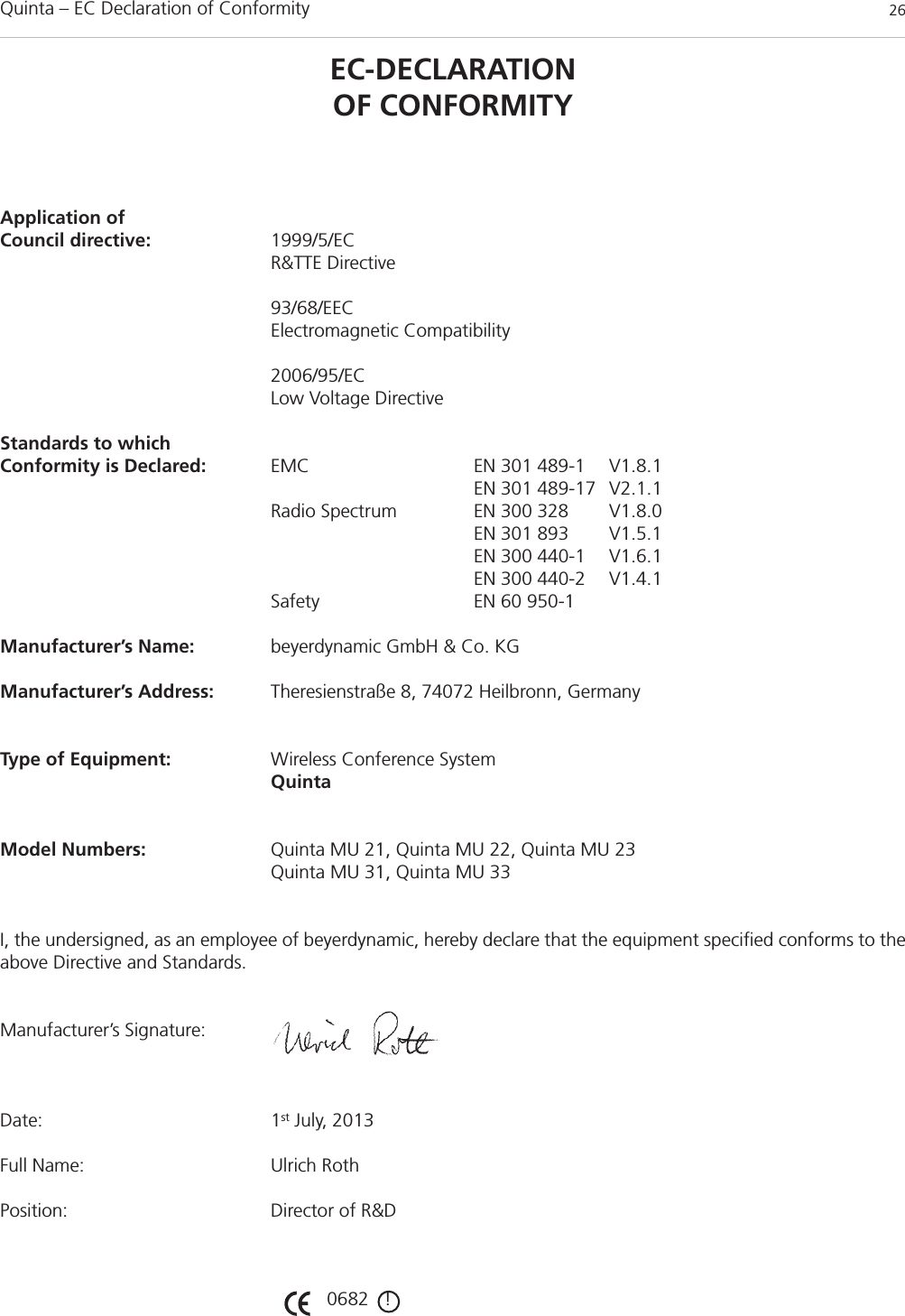 Quinta – EC Declaration of Conformity 26EC-DECLARATIONOF CONFORMITYApplication ofCouncil directive: 1999/5/EC R&amp;TTE Directive93/68/EECElectromagnetic Compatibility2006/95/ECLow Voltage DirectiveStandards to which Conformity is Declared: EMC EN 301 489-1 V1.8.1EN 301 489-17 V2.1.1Radio Spectrum EN 300 328 V1.8.0EN 301 893 V1.5.1EN 300 440-1 V1.6.1EN 300 440-2 V1.4.1Safety EN 60 950-1Manufacturer’s Name: beyerdynamic GmbH &amp; Co. KGManufacturer’s Address: Theresienstraße 8, 74072 Heilbronn, GermanyType of Equipment: Wireless Conference SystemQuintaModel Numbers: Quinta MU 21, Quinta MU 22, Quinta MU 23Quinta MU 31, Quinta MU 33I, the undersigned, as an employee of beyerdynamic, hereby declare that the equipment specified conforms to theabove Directive and Standards.Manufacturer’s Signature:Date: 1st July, 2013Full Name: Ulrich RothPosition: Director of R&amp;D0682   !