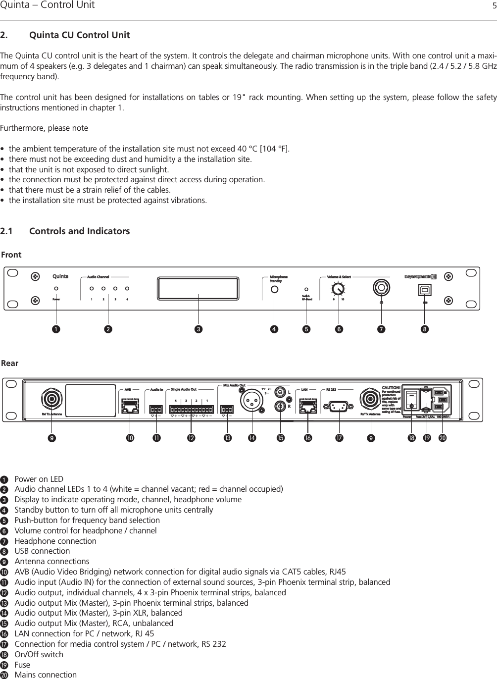 2. Quinta CU Control UnitThe Quinta CU control unit is the heart of the system. It controls the delegate and chairman microphone units. With one control unit a maxi-mum of 4 speakers (e.g. 3 delegates and 1 chairman) can speak simultaneously. The radio transmission is in the triple band (2.4 / 5.2 / 5.8 GHzfrequency band).The control unit has been designed for installations on tables or 19&quot; rack mounting. When setting up the system, please follow the safety instructions mentioned in chapter 1. Furthermore, please note• the ambient temperature of the installation site must not exceed 40 °C [104 °F]. • there must not be exceeding dust and humidity a the installation site.• that the unit is not exposed to direct sunlight.• the connection must be protected against direct access during operation.• that there must be a strain relief of the cables.• the installation site must be protected against vibrations.2.1 Controls and IndicatorsPower on LEDAudio channel LEDs 1 to 4 (white = channel vacant; red = channel occupied)Display to indicate operating mode, channel, headphone volumeStandby button to turn off all microphone units centrallyPush-button for frequency band selection Volume control for headphone / channelHeadphone connectionUSB connectionAntenna connectionsAVB (Audio Video Bridging) network connection for digital audio signals via CAT5 cables, RJ45Audio input (Audio IN) for the connection of external sound sources, 3-pin Phoenix terminal strip, balancedAudio output, individual channels, 4 x 3-pin Phoenix terminal strips, balancedAudio output Mix (Master), 3-pin Phoenix terminal strips, balancedAudio output Mix (Master), 3-pin XLR, balanced Audio output Mix (Master), RCA, unbalanced LAN connection for PC / network, RJ 45Connection for media control system / PC / network, RS 232On/Off switchFuseMains connectionQuinta – Control Unit 5FrontRear                  