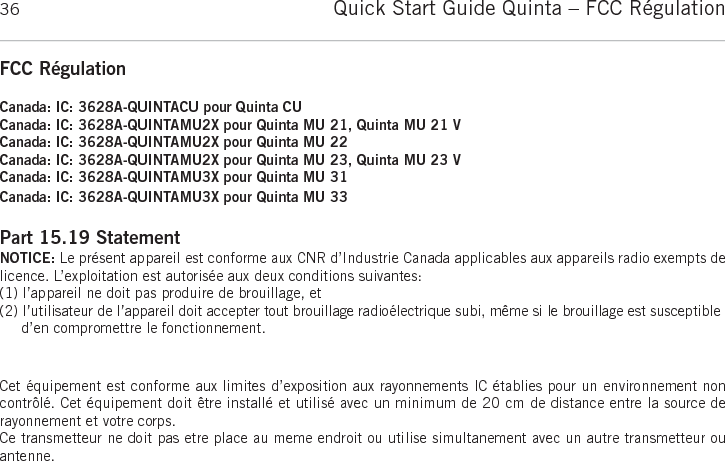 Quick Start Guide Quinta &ndash; Notes 37fran&ccedil;ais
