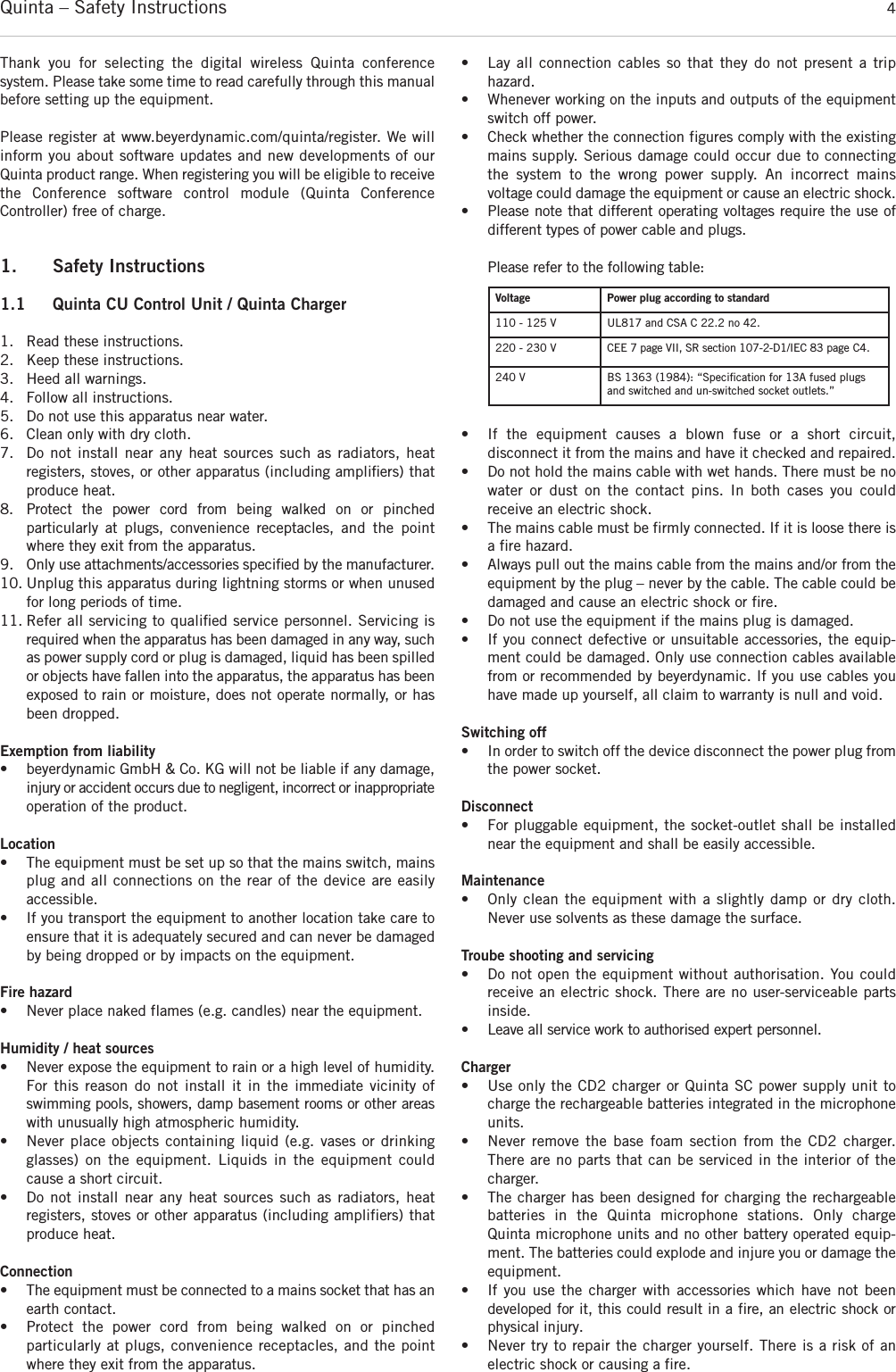 Quinta – Safety Instructions 4Thank you for selecting the digital wireless Quinta conference system. Please take some time to read carefully through this  manualbefore setting up the equipment.Please register at www.beyerdynamic.com/quinta/register. We will inform you about software updates and new developments of ourQuinta product range. When registering you will be eligible to  receivethe Conference software control module (Quinta Conference Controller) free of charge. 1. Safety Instructions1.1 Quinta CU Control Unit / Quinta Charger1. Read these instructions.2. Keep these instructions. 3. Heed all warnings.4. Follow all instructions.5. Do not use this apparatus near water. 6. Clean only with dry cloth. 7. Do not install near any heat sources such as radiators, heat registers, stoves, or other apparatus (including ampliﬁers) thatproduce heat.8. Protect the power cord from being walked on or pinched particularly at plugs, convenience receptacles, and the pointwhere they exit from the apparatus.9. Only use attachments/accessories speciﬁed by the manufacturer. 10. Unplug this apparatus during lightning storms or when unusedfor long periods of time. 11. Refer all servicing to qualiﬁed service personnel. Servicing is required when the apparatus has been damaged in any way, suchas power supply cord or plug is damaged, liquid has been  spilledor objects have fallen into the apparatus, the apparatus has beenexposed to rain or moisture, does not operate normally, or hasbeen dropped.Exemption from liability• beyerdynamic GmbH &amp; Co. KG will not be liable if any damage,injury or accident occurs due to negligent, incorrect or inappropriateoperation of the product.Location• The equipment must be set up so that the mains switch, mainsplug and all connections on the rear of the device are easily accessible. • If you transport the equipment to another location take care toensure that it is adequately secured and can never be damagedby being dropped or by impacts on the equipment. Fire hazard• Never place naked flames (e.g. candles) near the equipment.Humidity / heat sources• Never expose the equipment to rain or a high level of humidity.For this reason do not install it in the immediate vicinity of swimming pools, showers, damp basement rooms or other areaswith unusually high atmospheric humidity. • Never place objects containing liquid (e.g. vases or drinkingglasses) on the equipment. Liquids in the equipment couldcause a short circuit. • Do not install near any heat sources such as radiators, heat registers, stoves or other apparatus (including amplifiers) thatproduce heat.Connection• The equipment must be connected to a mains socket that has anearth contact. • Protect the power cord from being walked on or pinched particularly at plugs, convenience receptacles, and the pointwhere they exit from the apparatus.• Lay all connection cables so that they do not present a trip hazard. • Whenever working on the inputs and outputs of the equipmentswitch off power. • Check whether the connection figures comply with the existingmains supply. Serious damage could occur due to connectingthe system to the wrong power supply. An incorrect mains voltage could damage the equipment or cause an electric shock.• Please note that different operating voltages require the use ofdifferent types of power cable and plugs.Please refer to the following table:• If the equipment causes a blown fuse or a short circuit, disconnect it from the mains and have it checked and repaired. • Do not hold the mains cable with wet hands. There must be nowater or dust on the contact pins. In both cases you could receive an electric shock. • The mains cable must be firmly connected. If it is loose there isa fire hazard. • Always pull out the mains cable from the mains and/or from theequipment by the plug – never by the cable. The cable could bedamaged and cause an electric shock or fire. • Do not use the equipment if the mains plug is damaged. • If you connect defective or unsuitable accessories, the equip-ment could be damaged. Only use connection cables availablefrom or recommended by beyerdynamic. If you use cables youhave made up yourself, all claim to warranty is null and void. Switching off • In order to switch off the device disconnect the power plug fromthe power socket.Disconnect • For pluggable equipment, the socket-outlet shall be installednear the equipment and shall be easily accessible.Maintenance• Only clean the equipment with a slightly damp or dry cloth.Never use solvents as these damage the surface.Troube shooting and servicing• Do not open the equipment without authorisation. You could receive an electric shock. There are no user-serviceable parts inside.• Leave all service work to authorised expert personnel. Charger• Use only the CD2 charger or Quinta SC power supply unit tocharge the rechargeable batteries integrated in the microphoneunits.• Never remove the base foam section from the CD2 charger.There are no parts that can be serviced in the interior of thecharger. • The charger has been designed for charging the rechargeablebatteries in the Quinta microphone stations. Only charge Quinta microphone units and no other battery operated equip-ment. The batteries could explode and injure you or damage theequipment. • If you use the charger with accessories which have not been developed for it, this could result in a fire, an electric shock orphysical injury. • Never try to repair the charger yourself. There is a risk of an electric shock or causing a fire. Voltage Power plug according to standard110 - 125 V UL817 and CSA C 22.2 no 42.220 - 230 V CEE 7 page VII, SR section 107-2-D1/IEC 83 page C4.240 V BS 1363 (1984): “Speciﬁcation for 13A fused plugsand switched and un-switched socket outlets.”