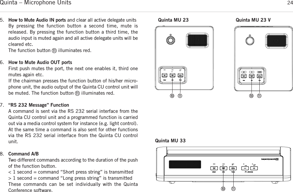 Quinta – Microphone Units  245. How to Mute Audio IN ports and clear all active delegate unitsBy pressing the function button a second time, mute is released. By pressing the function button a third time, theaudio input is muted again and all active delegate units will becleared etc. The function button ቭilluminates red.6. How to Mute Audio OUT portsFirst push mutes the port, the next one enables it, third onemutes again etc. If the chairman presses the function button of his/her micro-phone unit, the audio output of the Quinta CU control unit willbe muted. The function button ቭilluminates red. 7. “RS 232 Message” FunctionA command is sent via the RS 232 serial interface from theQuinta CU control unit and a programmed function is carriedout via a media control system for instance (e.g. light control). At the same time a command is also sent for other functionsvia the RS 232 serial interface from the Quinta CU controlunit.8. Command A/BTwo different commands according to the duration of the pushof the function button. &lt; 1 second = command “Short press string” is transmitted &gt; 1 second = command “Long press string” is transmittedThese commands can be set individually with the Quinta Conference software.Quinta MU 33ቫ ቭQuinta MU 23 Quinta MU 23 Vቫ ቭ ቫ ቭ