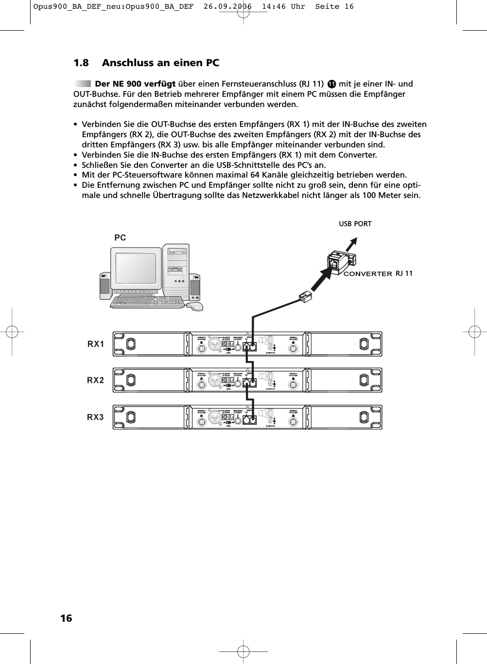 161.8 Anschluss an einen PCDer NE 900 verf&uuml;gt &uuml;ber einen Fernsteueranschluss (RJ 11)      mit je einer IN- undOUT-Buchse. F&uuml;r den Betrieb mehrerer Empf&auml;nger mit einem PC m&uuml;ssen die Empf&auml;ngerzun&auml;chst folgenderma&szlig;en miteinander verbunden werden.&bull; Verbinden Sie die OUT-Buchse des ersten Empf&auml;ngers (RX 1) mit der IN-Buchse des zweitenEmpf&auml;ngers (RX 2), die OUT-Buchse des zweiten Empf&auml;ngers (RX 2) mit der IN-Buchse desdritten Empf&auml;ngers (RX 3) usw. bis alle Empf&auml;nger miteinander verbunden sind.&bull; Verbinden Sie die IN-Buchse des ersten Empf&auml;ngers (RX 1) mit dem Converter. &bull; Schlie&szlig;en Sie den Converter an die USB-Schnittstelle des PC&rsquo;s an.&bull; Mit der PC-Steuersoftware k&ouml;nnen maximal 64 Kan&auml;le gleichzeitig betrieben werden.&bull; Die Entfernung zwischen PC und Empf&auml;nger sollte nicht zu gro&szlig; sein, denn f&uuml;r eine opti-male und schnelle &Uuml;bertragung sollte das Netzwerkkabel nicht l&auml;nger als 100 Meter sein.USB PORTRJ 1111Opus900_BA_DEF_neu:Opus900_BA_DEF  26.09.2006  14:46 Uhr  Seite 16