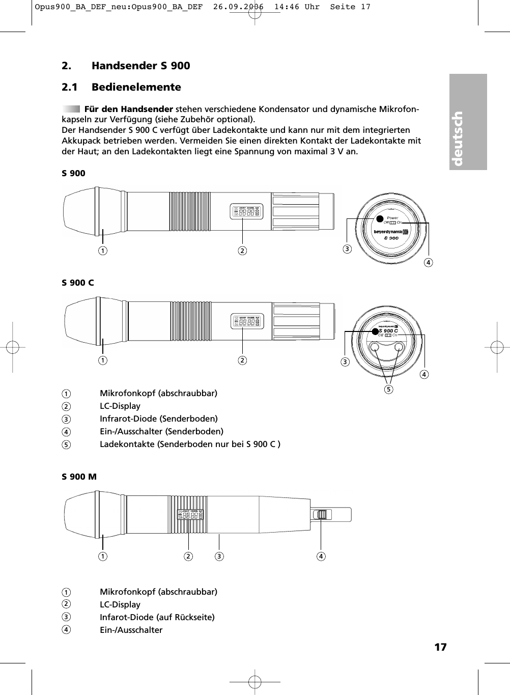 deutsch172. Handsender S 9002.1 BedienelementeF&uuml;r den Handsender stehen verschiedene Kondensator und dynamische Mikrofon -kapseln zur Verf&uuml;gung (siehe Zubeh&ouml;r optional).Der Handsender S 900 C verf&uuml;gt &uuml;ber Ladekontakte und kann nur mit dem integriertenAkkupack betrieben werden. Vermeiden Sie einen direkten Kontakt der Ladekontakte mitder Haut; an den Ladekontakten liegt eine Spannung von maximal 3 V an.S 900S 900 CMikrofonkopf (abschraubbar)LC-DisplayInfrarot-Diode (Senderboden)Ein-/Ausschalter (Senderboden)Ladekontakte (Senderboden nur bei S 900 C )S 900 MMikrofonkopf (abschraubbar)LC-DisplayInfarot-Diode (auf R&uuml;ckseite)Ein-/Ausschalter 1 2 34112341234523451 2 43Opus900_BA_DEF_neu:Opus900_BA_DEF  26.09.2006  14:46 Uhr  Seite 17