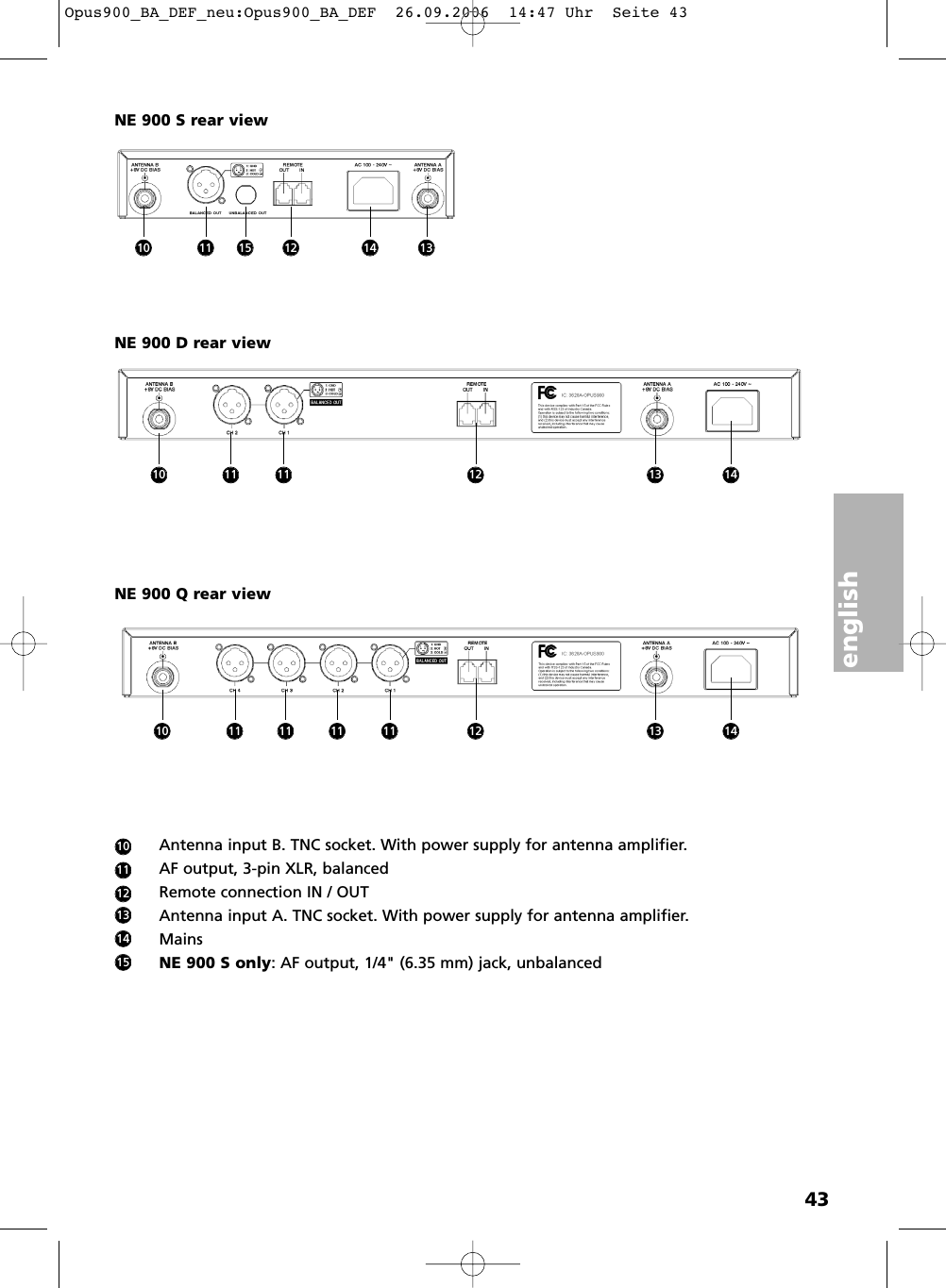 english43Antenna input B. TNC socket. With power supply for antenna amplifier. AF output, 3-pin XLR, balancedRemote connection IN / OUTAntenna input A. TNC socket. With power supply for antenna amplifier.MainsNE 900 S only: AF output, 1/4" (6.35 mm) jack, unbalancedNE 900 D rear viewNE 900 S rear viewNE 900 Q rear view10111213141510 11 15 12 14 1310 11 11 12 141310 11 11 11 11 12 1413Opus900_BA_DEF_neu:Opus900_BA_DEF  26.09.2006  14:47 Uhr  Seite 43