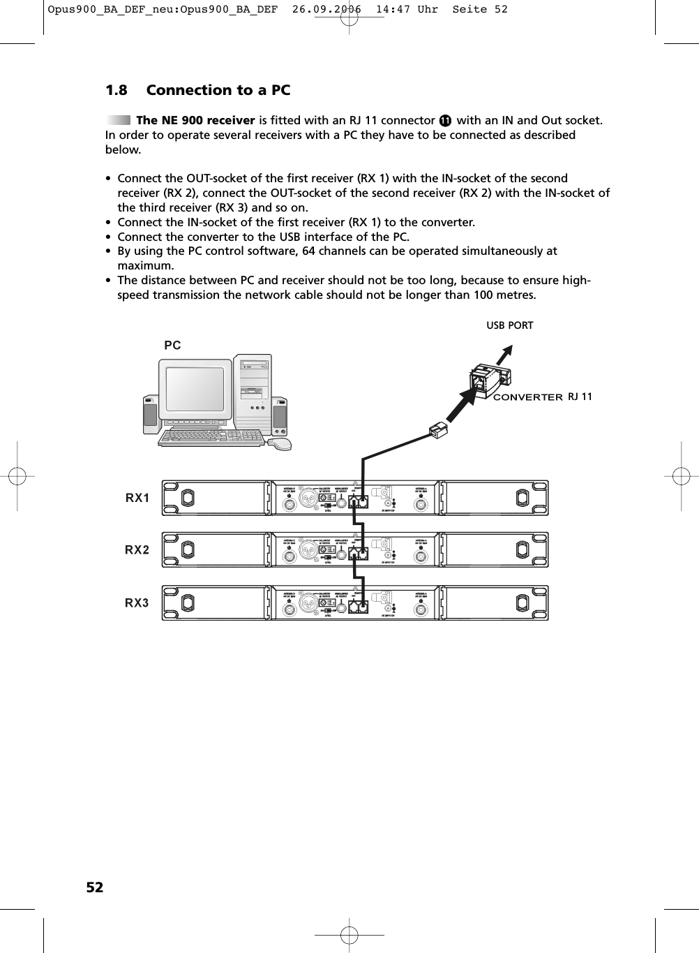 521.8 Connection to a PCThe NE 900 receiver is fitted with an RJ 11 connector      with an IN and Out socket.In order to operate several receivers with a PC they have to be connected as describedbelow. &bull; Connect the OUT-socket of the first receiver (RX 1) with the IN-socket of the second receiver (RX 2), connect the OUT-socket of the second receiver (RX 2) with the IN-socket ofthe third receiver (RX 3) and so on.&bull; Connect the IN-socket of the first receiver (RX 1) to the converter.&bull; Connect the converter to the USB interface of the PC.&bull; By using the PC control software, 64 channels can be operated simultaneously at maximum. &bull; The distance between PC and receiver should not be too long, because to ensure high-speed transmission the network cable should not be longer than 100 metres.11USB PORTRJ 11Opus900_BA_DEF_neu:Opus900_BA_DEF  26.09.2006  14:47 Uhr  Seite 52