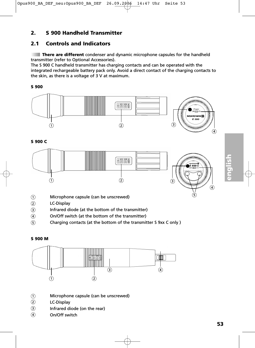 english532. S 900 Handheld Transmitter2.1 Controls and IndicatorsThere are different condenser and dynamic microphone capsules for the handheldtransmitter (refer to Optional Accessories). The S 900 C handheld transmitter has charging contacts and can be operated with the integrated rechargeable battery pack only. Avoid a direct contact of the charging contacts tothe skin, as there is a voltage of 3 V at maximum.S 900S 900 CMicrophone capsule (can be unscrewed)LC-DisplayInfrared diode (at the bottom of the transmitter)On/Off switch (at the bottom of the transmitter)Charging contacts (at the bottom of the transmitter S 9xx C only )S 900 MMicrophone capsule (can be unscrewed)LC-DisplayInfrared diode (on the rear)On/Off switch 1 2 34112341234523451 243Opus900_BA_DEF_neu:Opus900_BA_DEF  26.09.2006  14:47 Uhr  Seite 53
