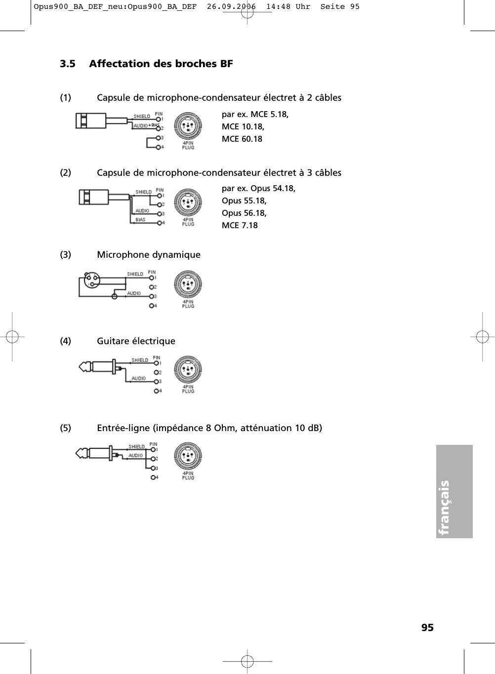 95fran&ccedil;ais3.5 Affectation des broches BF(1) Capsule de microphone-condensateur &eacute;lectret &agrave; 2 c&acirc;bles(2) Capsule de microphone-condensateur &eacute;lectret &agrave; 3 c&acirc;bles(3) Microphone dynamique(4) Guitare &eacute;lectrique(5) Entr&eacute;e-ligne (imp&eacute;dance 8 Ohm, att&eacute;nuation 10 dB)par ex. Opus 54.18, Opus 55.18, Opus 56.18, MCE 7.18par ex. MCE 5.18, MCE 10.18,MCE 60.18Opus900_BA_DEF_neu:Opus900_BA_DEF  26.09.2006  14:48 Uhr  Seite 95