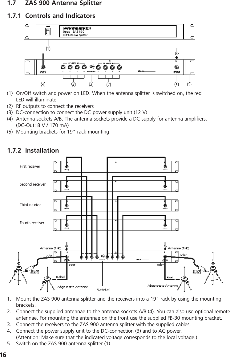 161.7 ZAS 900 Antenna Splitter1.7.1 Controls and Indicators(1) On/Off switch and power on LED. When the antenna splitter is switched on, the redLED will illuminate.(2) RF outputs to connect the receivers(3) DC-connection to connect the DC power supply unit (12 V)(4) Antenna sockets A/B. The antenna sockets provide a DC supply for antenna amplifiers. (DC-Out: 8 V / 170 mA)(5) Mounting brackets for 19" rack mounting1.7.2 Installation1. Mount the ZAS 900 antenna splitter and the receivers into a 19" rack by using the mountingbrackets.2. Connect the supplied antennae to the antenna sockets A/B (4). You can also use optional remoteantennae. For mounting the antennae on the front use the supplied FB-30 mounting bracket.3. Connect the receivers to the ZAS 900 antenna splitter with the supplied cables.4. Connect the power supply unit to the DC-connection (3) and to AC power. (Attention: Make sure that the indicated voltage corresponds to the local voltage.)5. Switch on the ZAS 900 antenna splitter (1).First receiverSecond receiverThird receiverFourth receiver